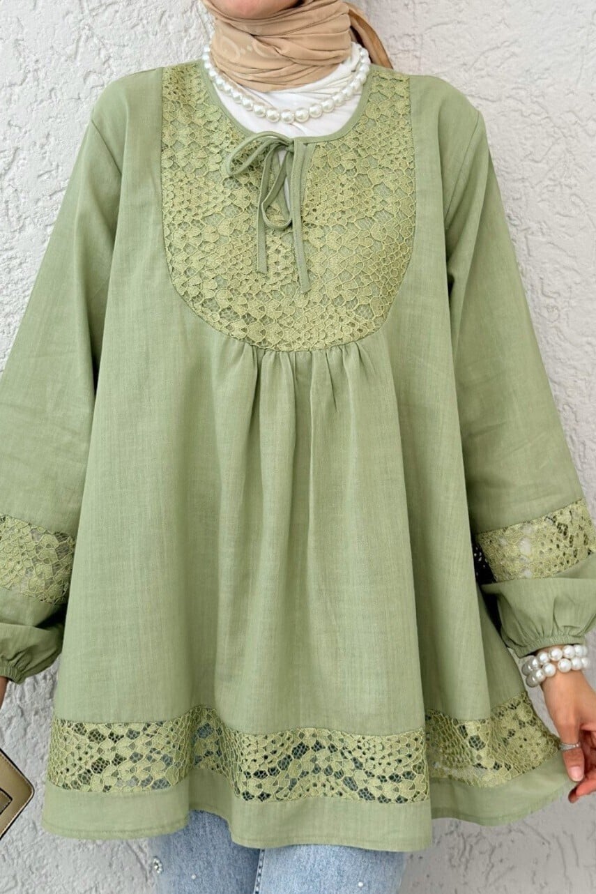 Lace Detail Tie Neck Long Sleeve Tunic - Light Green - Podyumplus - by Peralane - photo 8