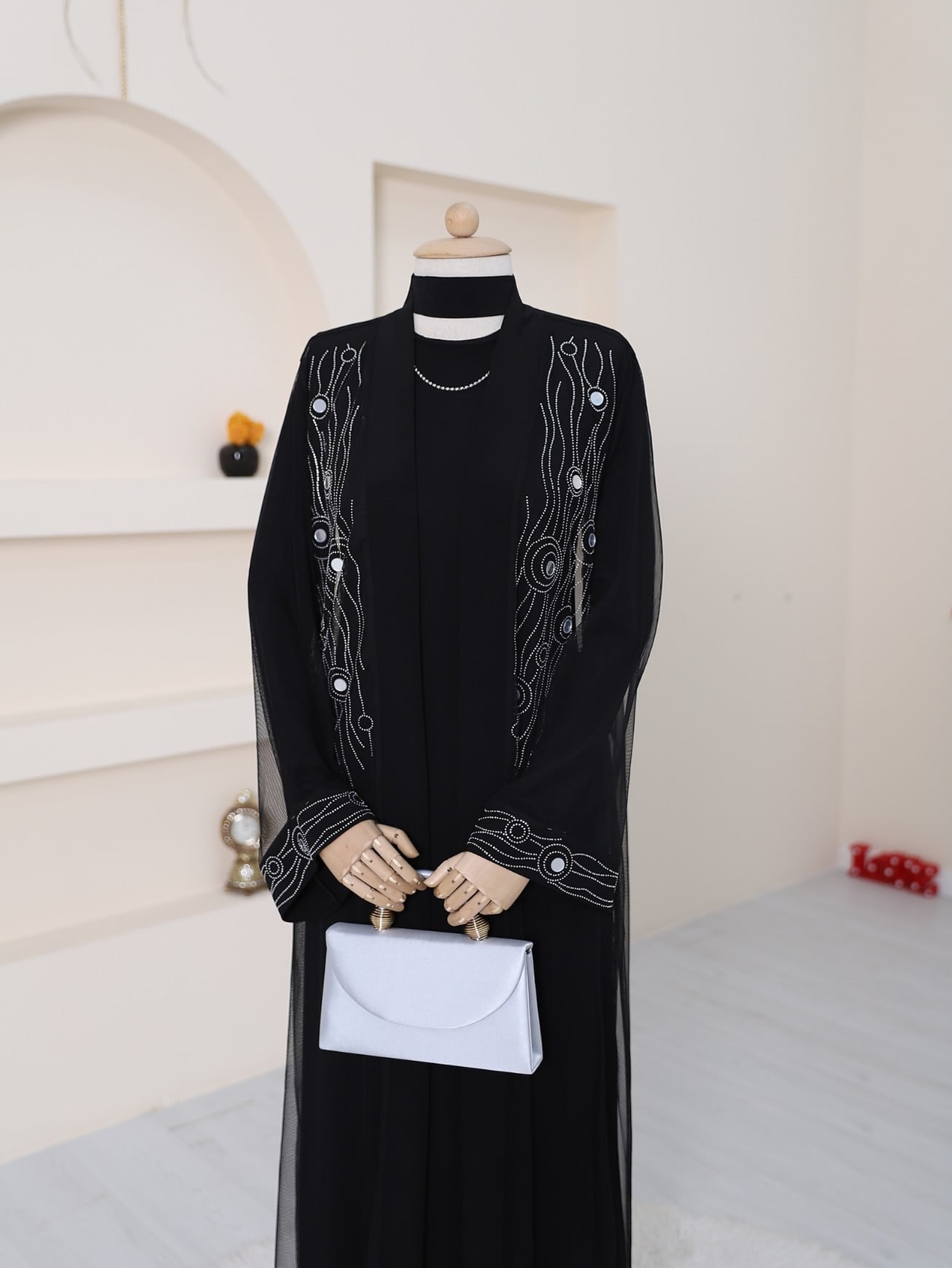 Silver Beaded Abaya Set with Inner Dress and Open Kimono - Podyumplus - by Peralane