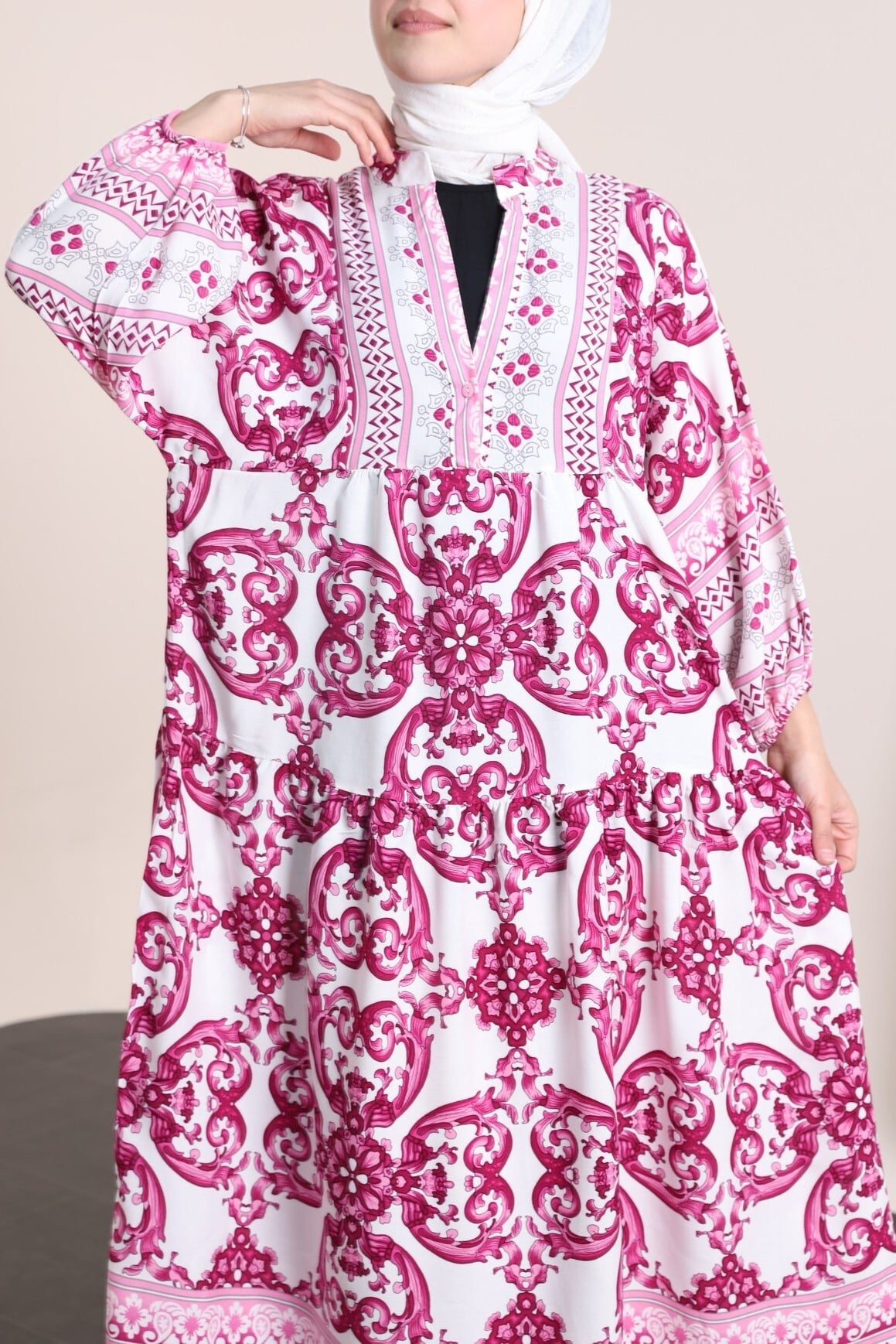 V-Neck Batwing Sleeve Fuchsia Print Dress - Podyumplus - by Peralane - photo 4