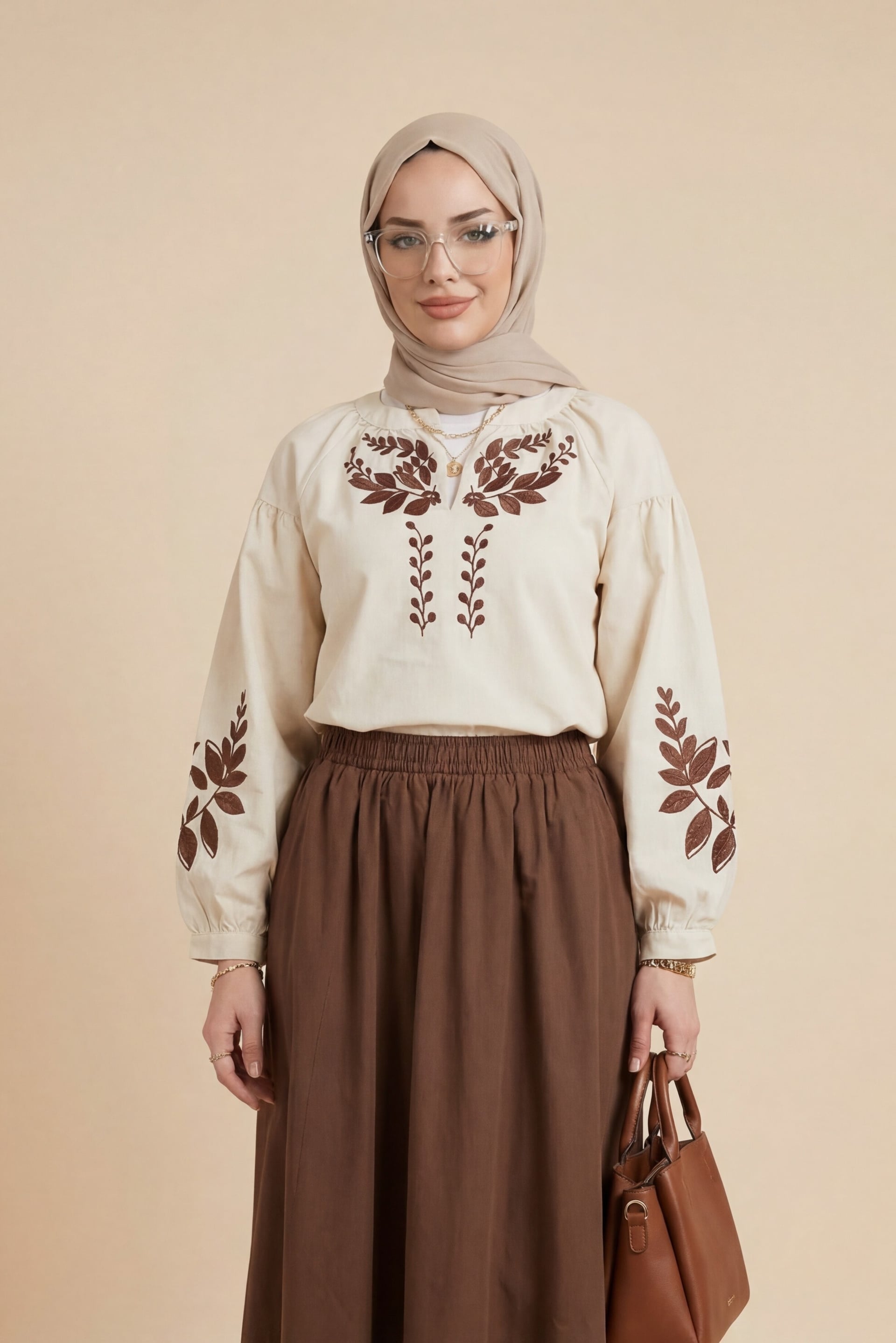 Cream Blouse and Brown Skirt Women's Co-ord Set with Floral Embroidery - Podyumplus - by Peralane - photo 3