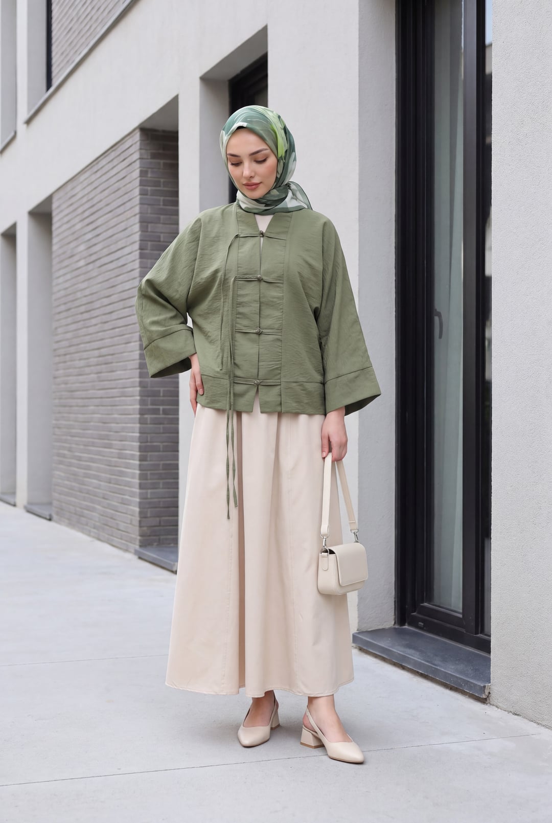 Chinese Knot Closure Mandarin Collar Parachute Kimono - Olive Green - Podyumplus - by Peralane - photo 4