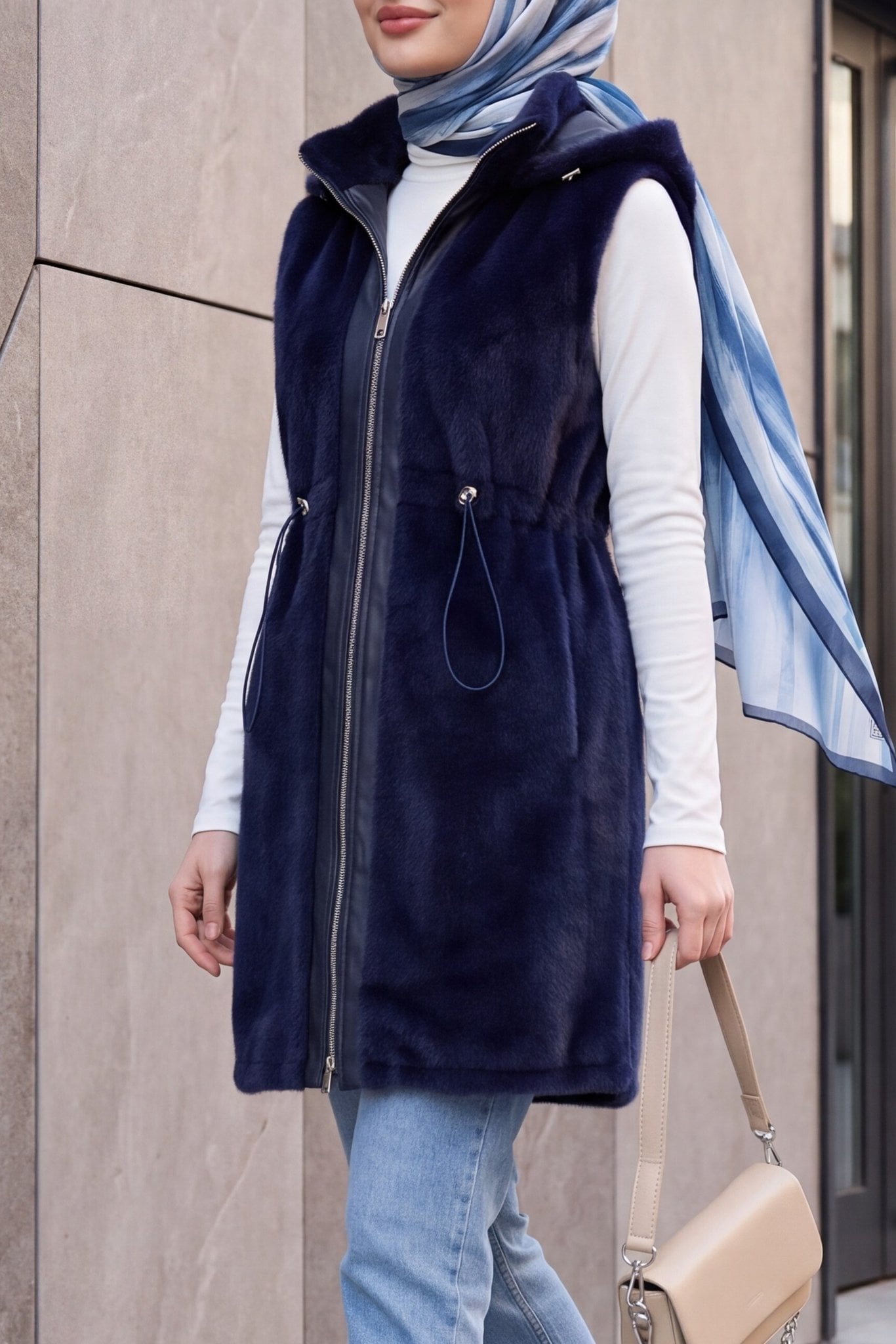 Hooded Zip-Up Fox Detail Vest - Navy - Podyumplus - by Peralane