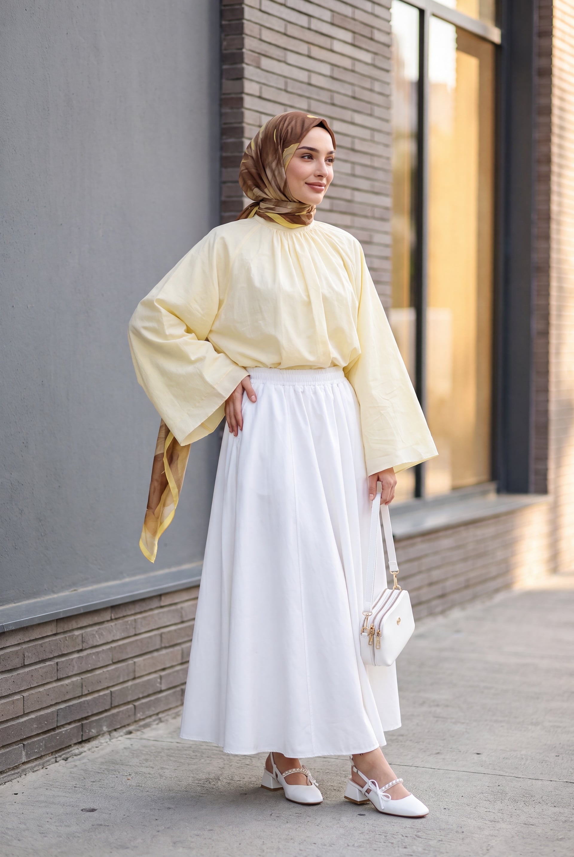 Crew Neck Spanish Sleeve Lined Voile Blouse - Light Yellow - Podyumplus - by Peralane - photo 3