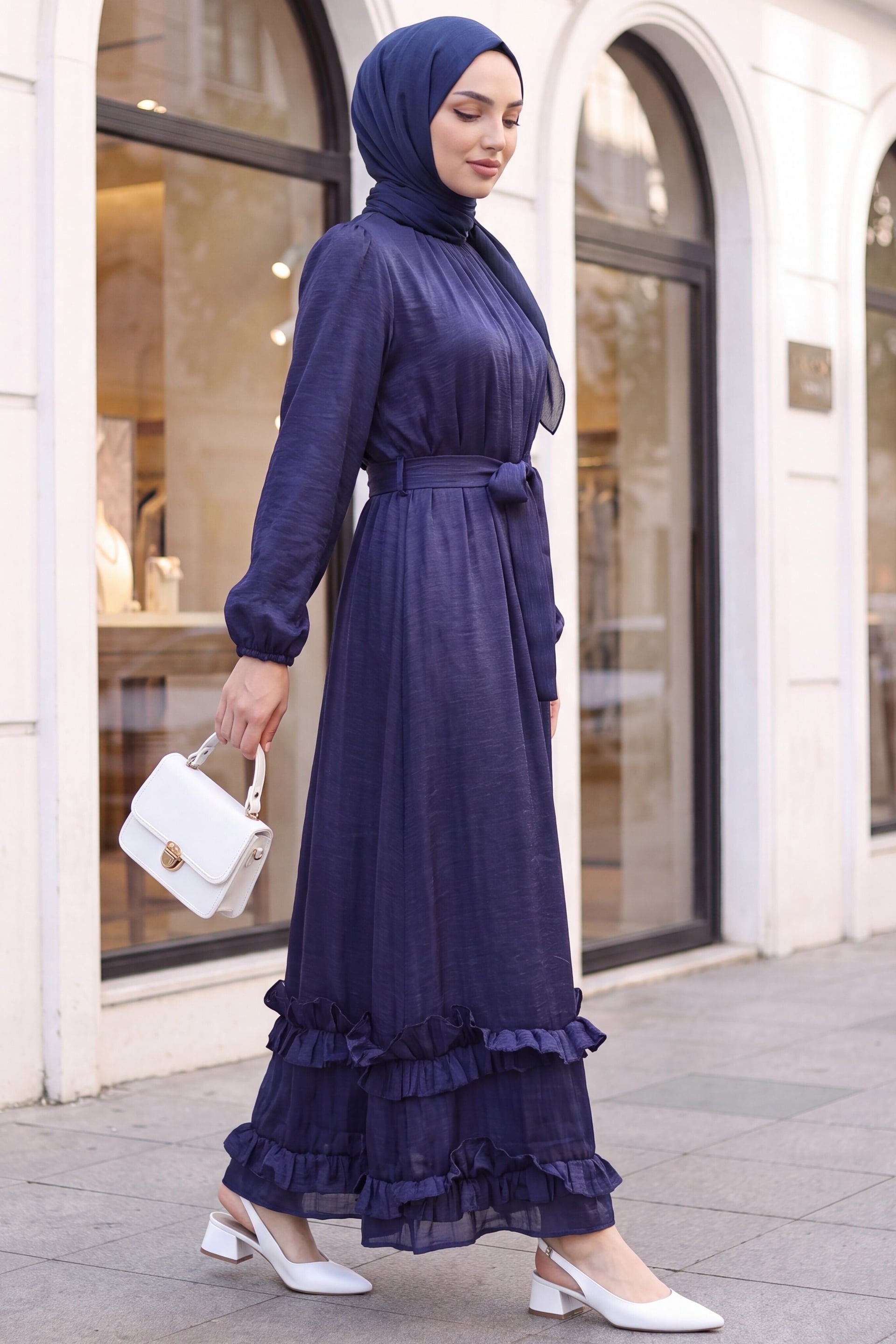 Long Navy Blue Crinkle Crepe Dress with Ruffled Collar and Hem - Podyumplus - by Peralane - photo 3