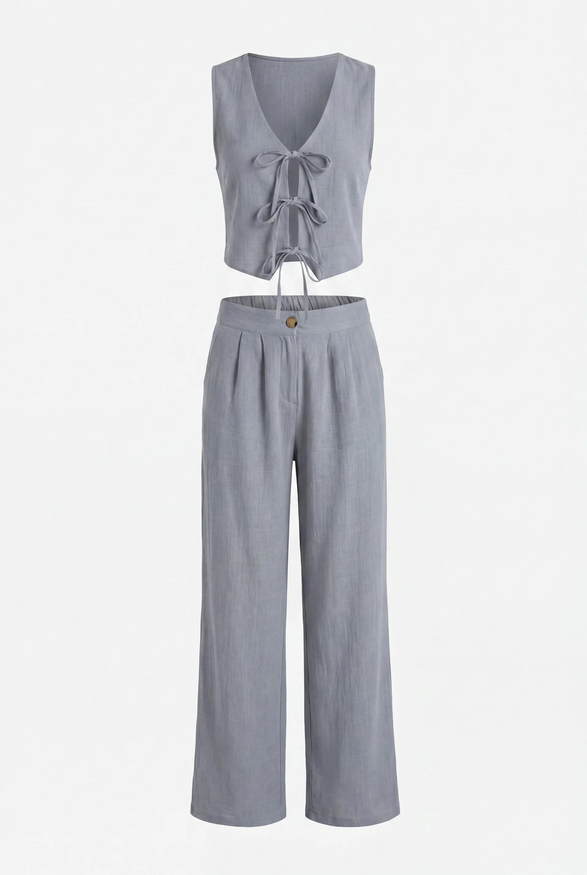 Women's Linen Look Two-Piece Set with Lace-Up Vest and Wide-Leg Trousers - Grey - Podyumplus - by Peralane - photo 5