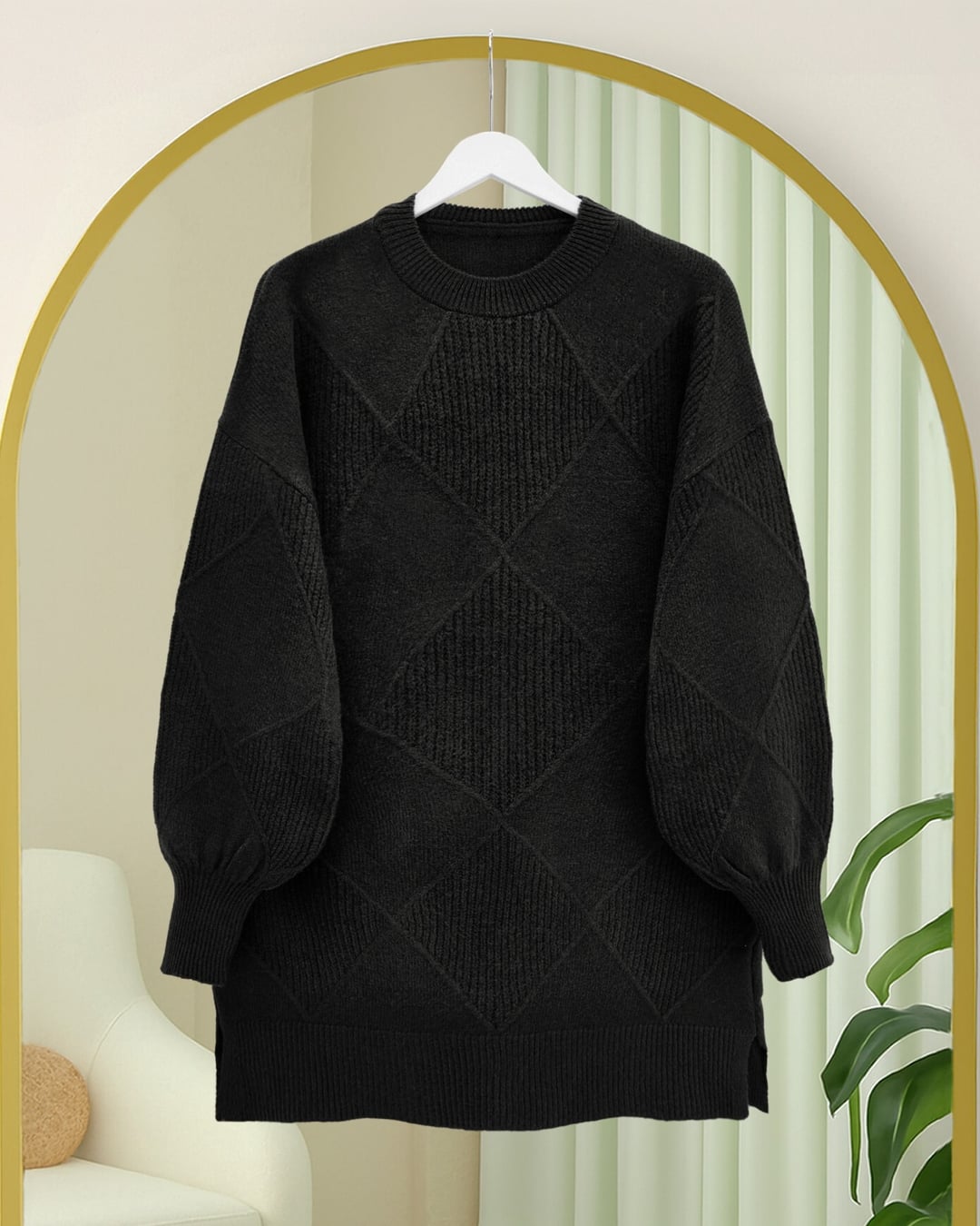 Round Neck Diamond Pattern Slit Knit Sweater - Black - Podyumplus - by Peralane - photo 4