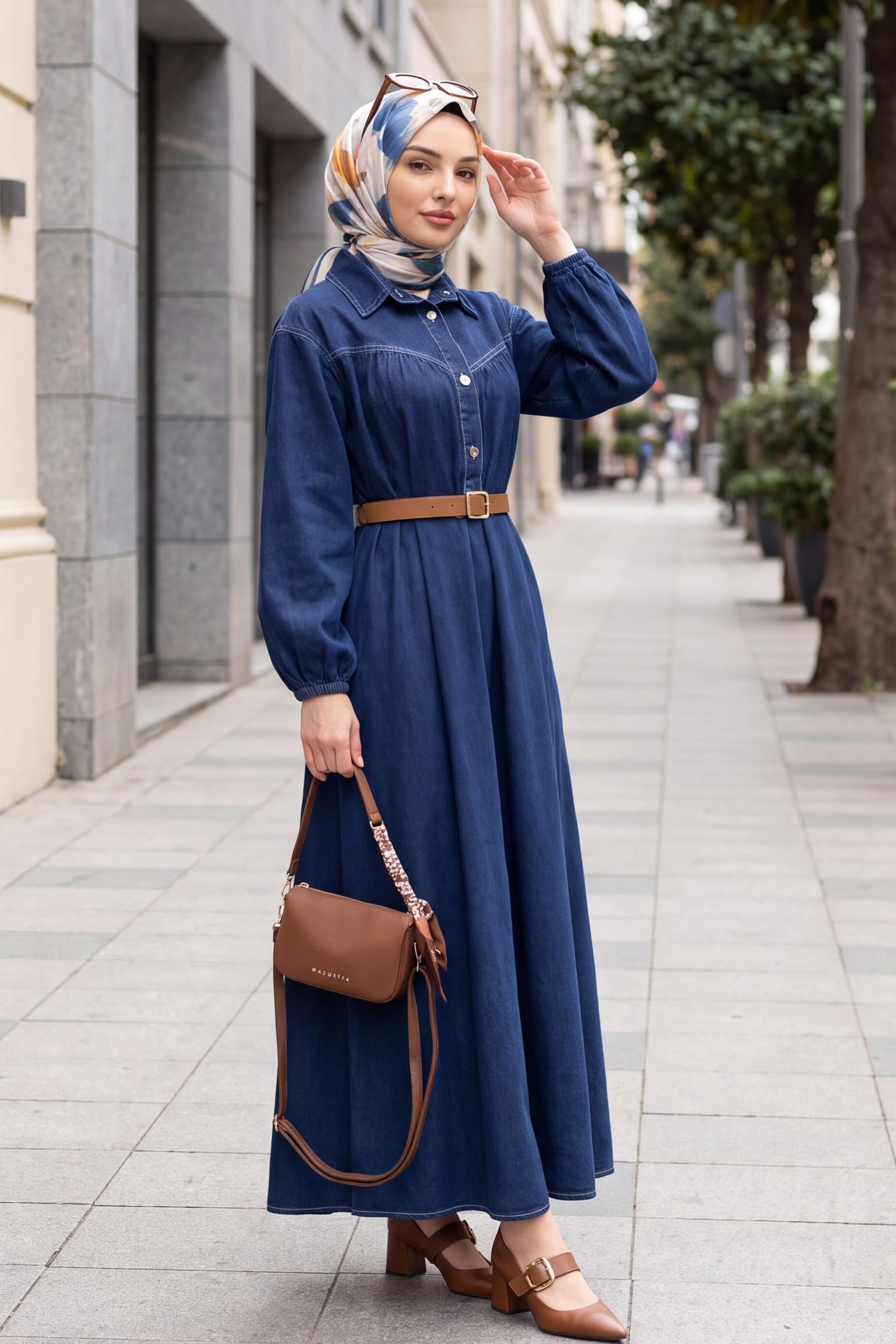 Half Button Long Sleeve Belted Denim Dress - Dark Navy - Podyumplus - by Peralane