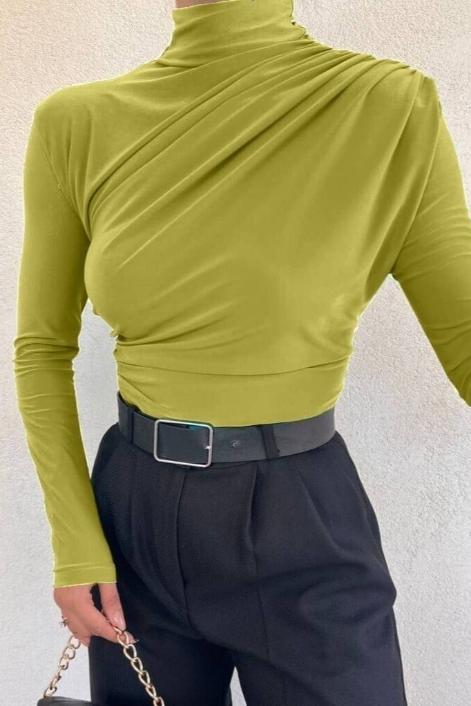 Half Turtleneck Draped Sandy Blouse - Oil Green - Podyumplus - by Peralane - photo 7