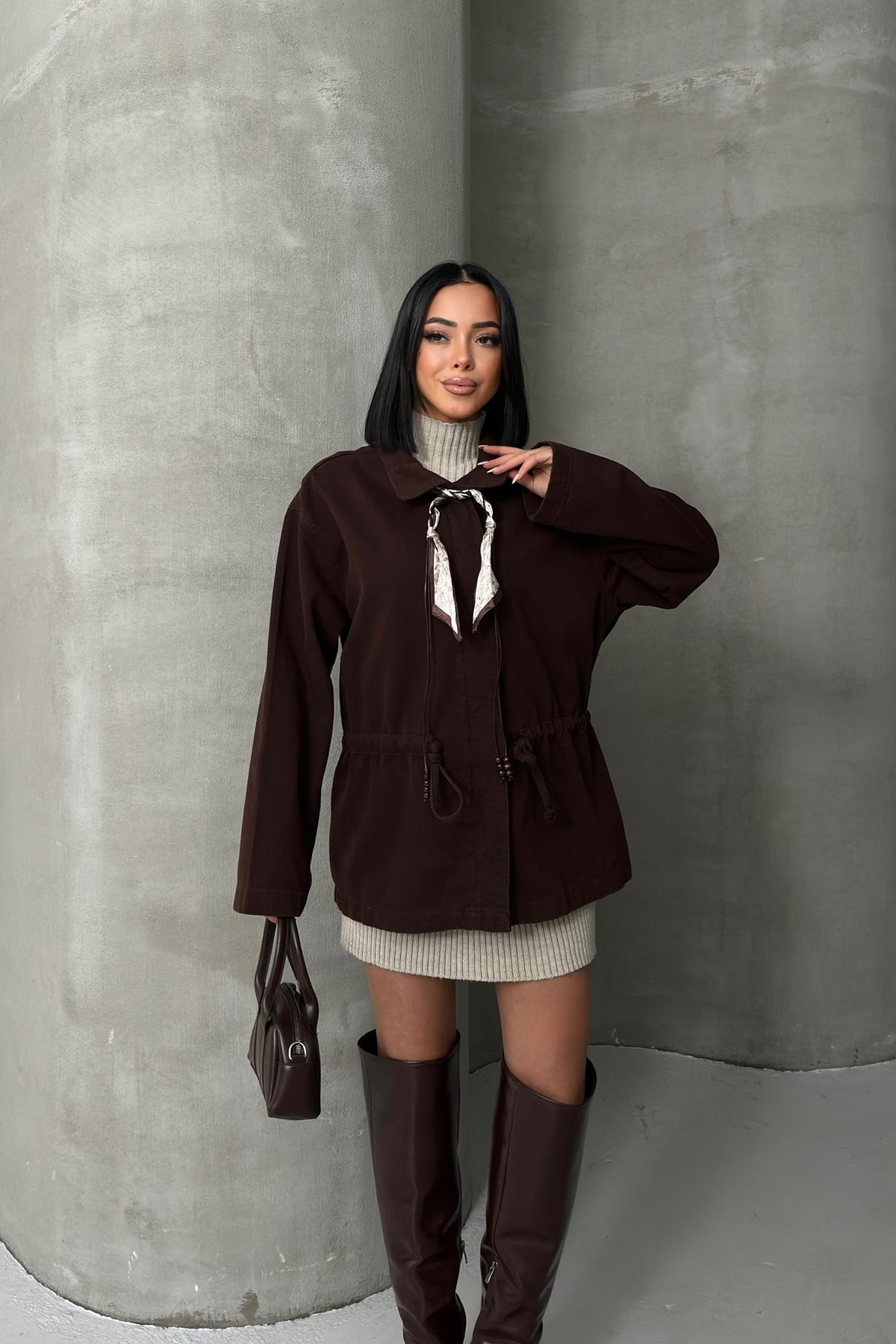 Drawstring Waist Denim Jacket 6145 Brown - Xlove - by Peralane