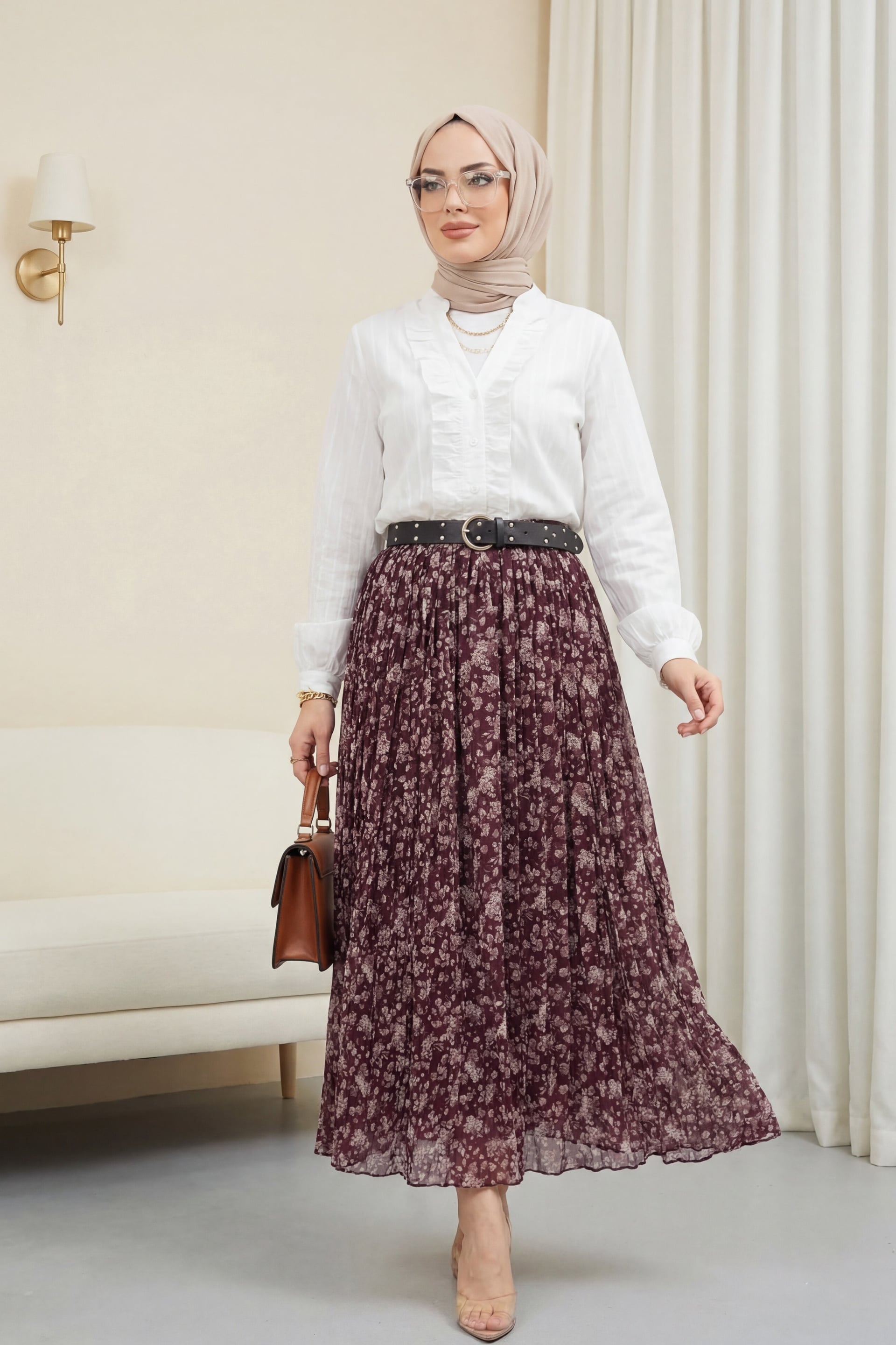 V-Neck Frill Front Tencel Semi-Transparent Bouquet Blouse - White - Podyumplus - by Peralane - photo 2