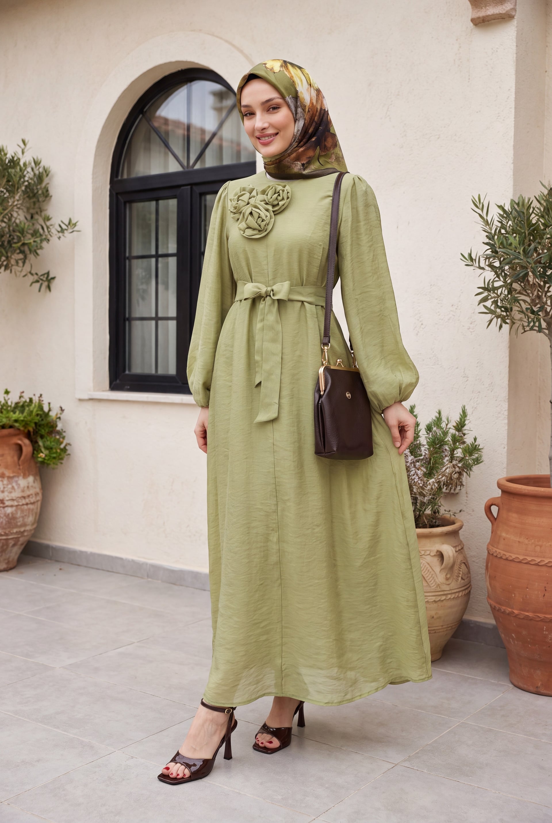 Brooch Detail Belted Lined Balloon Sleeve Tulle Voile Dress - Olive Green - Podyumplus - by Peralane - photo 2