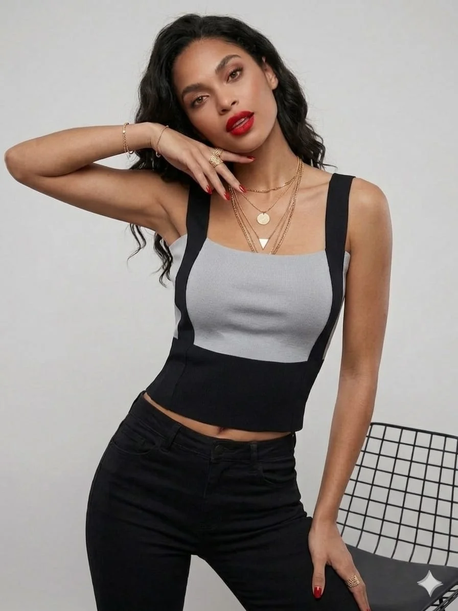 Ribbed Knit Color-Block Crop Top with Wide Straps - Pack of 5 - My Bee - by Peralane