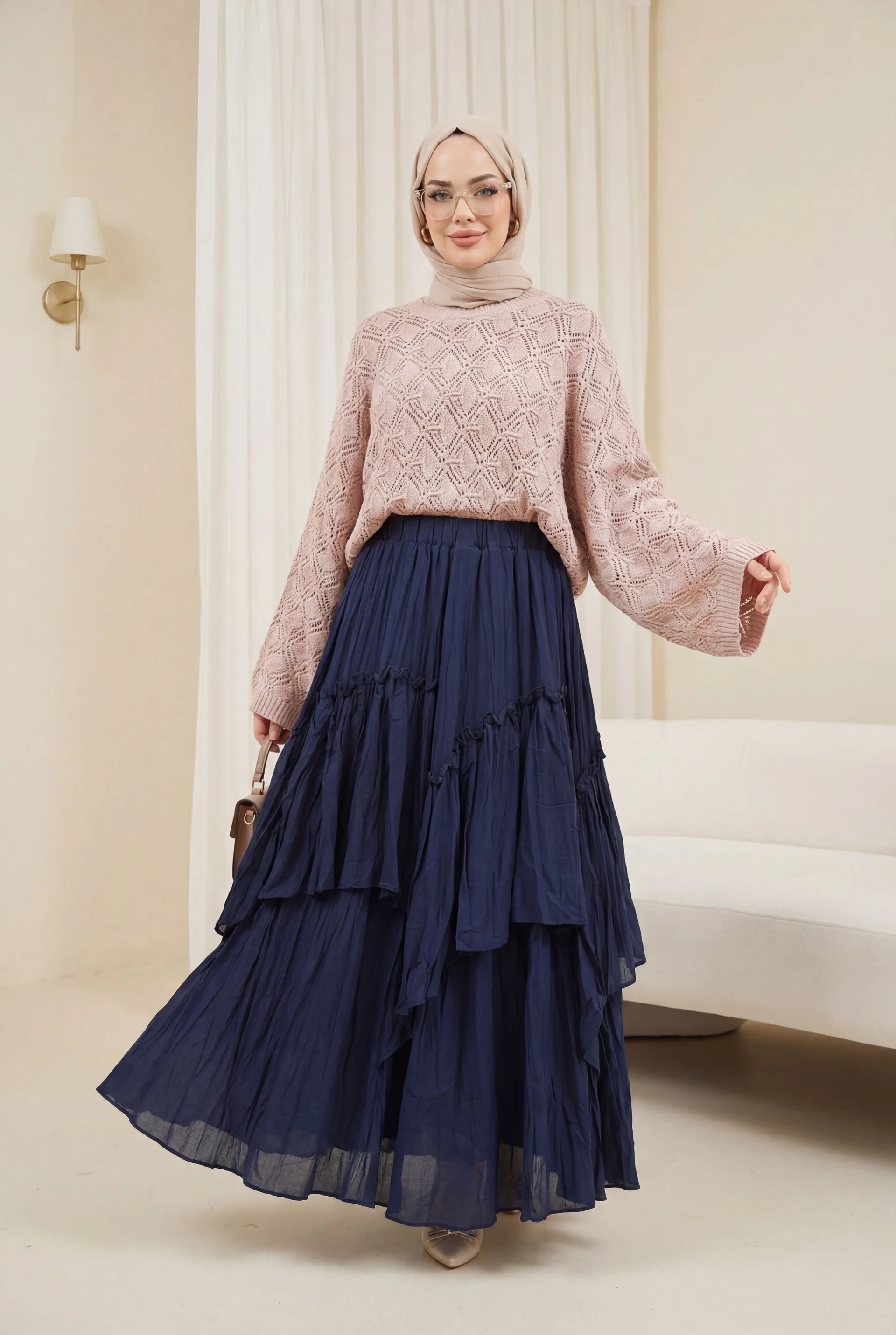 Round Neck Batwing Sleeve Lace Knit Sweater - Powder - Podyumplus - by Peralane