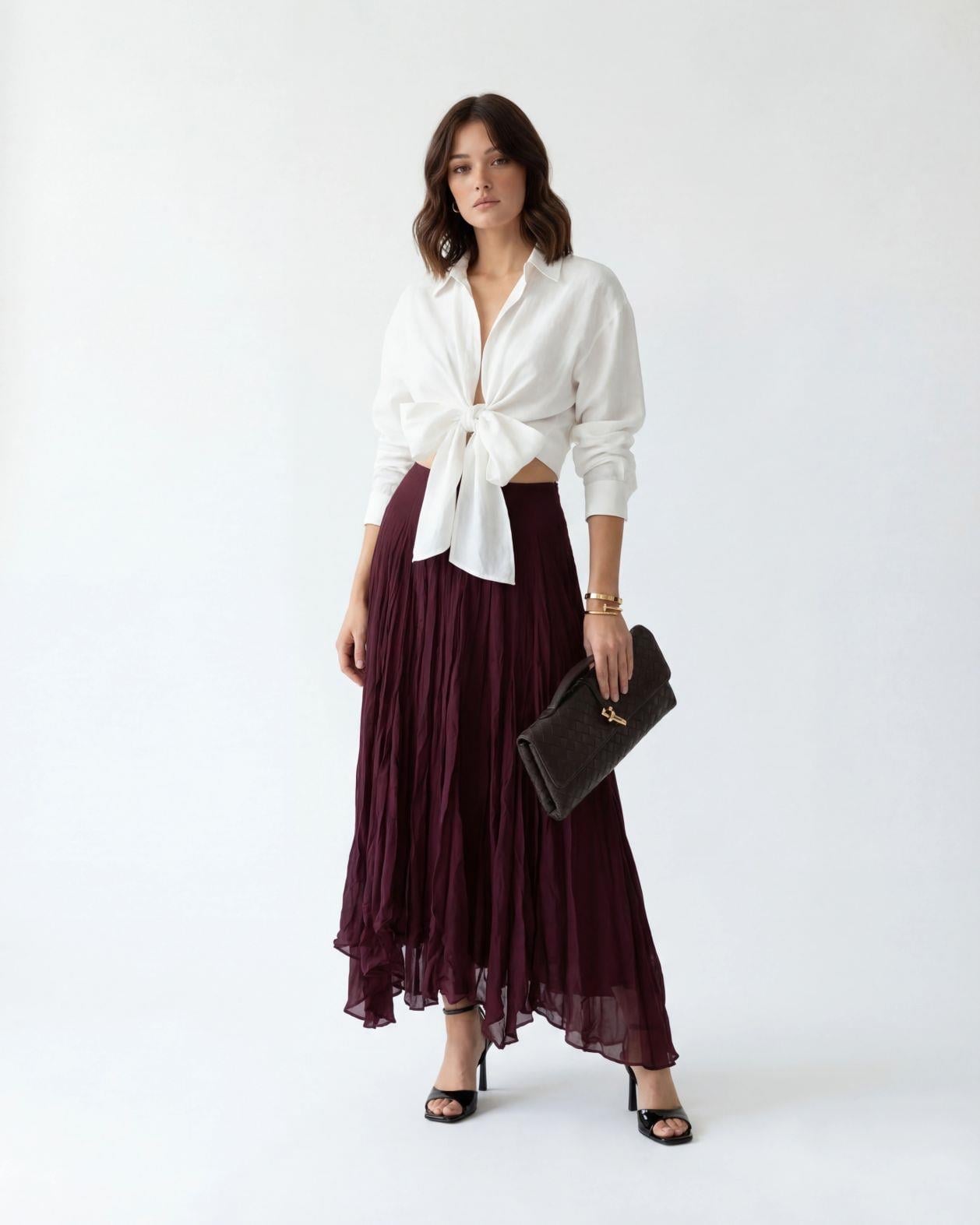 Women's White Blouse and Bordeaux Pleated Skirt Set - Fame - by Peralane