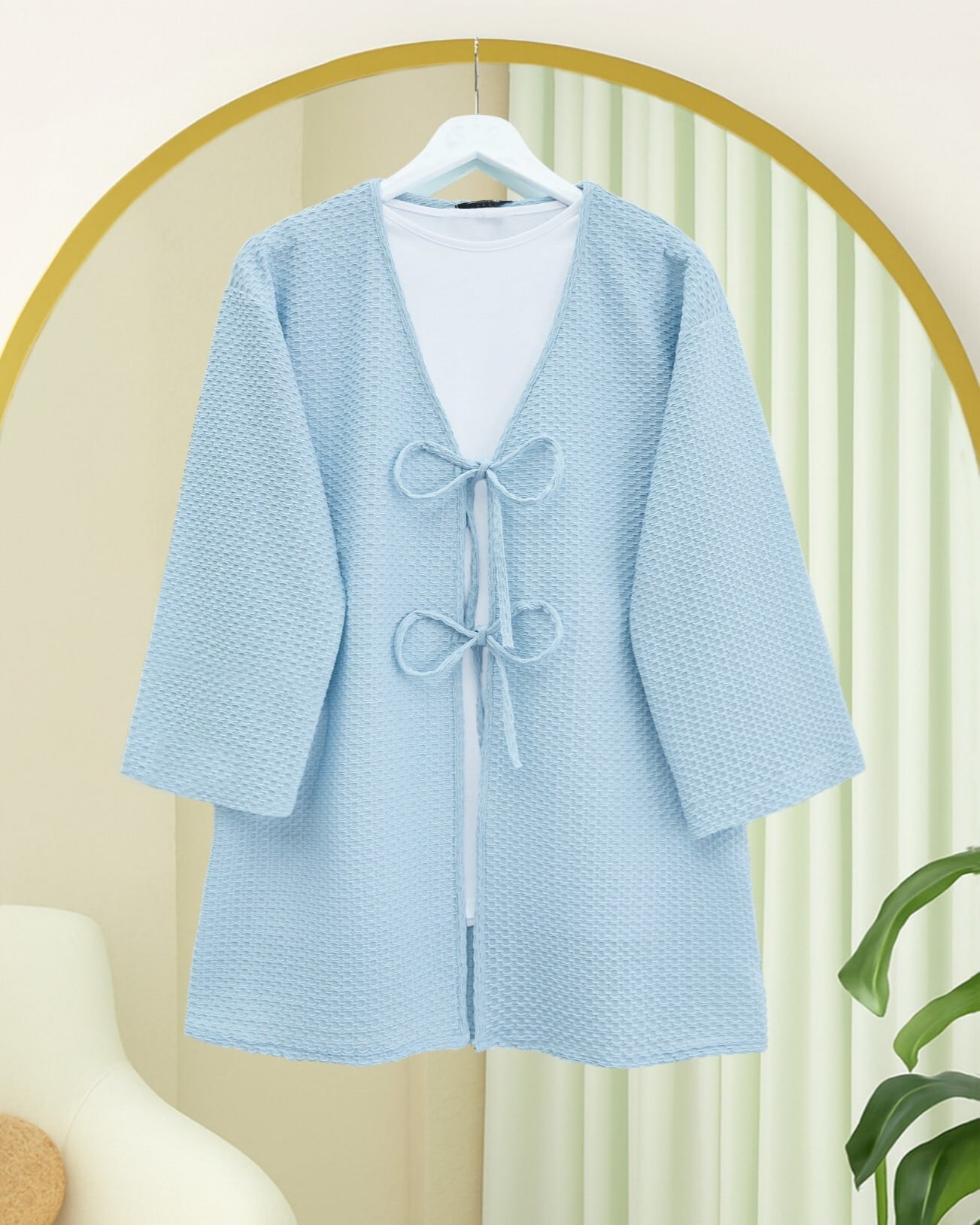 Women's Light Blue Double-Tie Honeycomb Pattern Kimono Cardigan - Podyumplus - by Peralane - photo 6