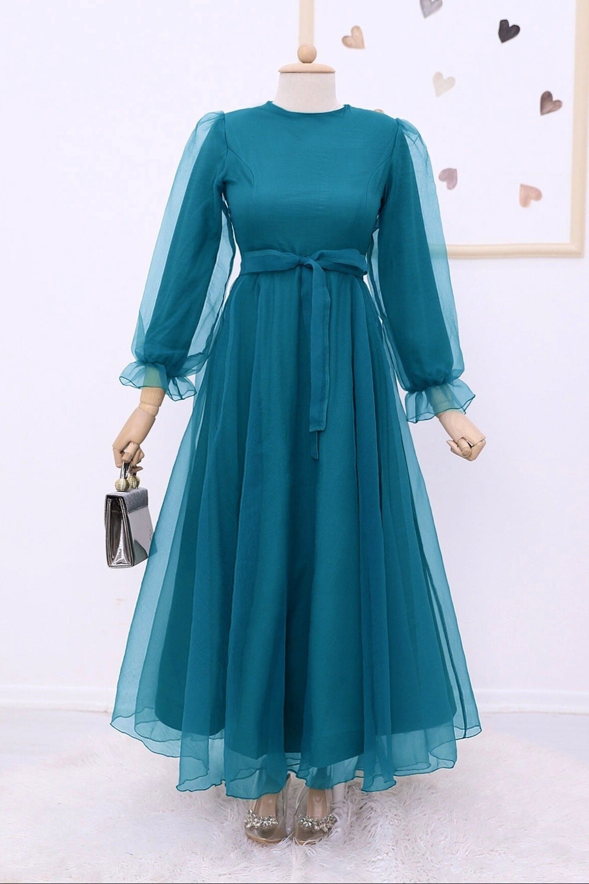 Women's Petrol Tulle Evening Dress with Puffed Sleeves and Belt - Podyumplus - by Peralane - photo 3