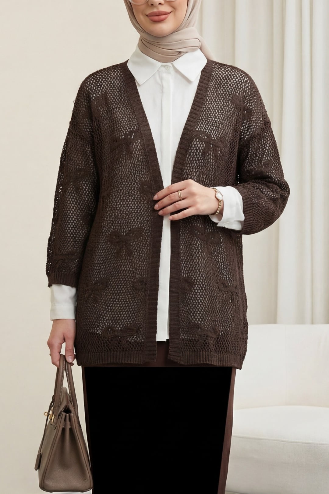 Bow Pattern Mesh Knit Cardigan - Dark Brown - Podyumplus - by Peralane