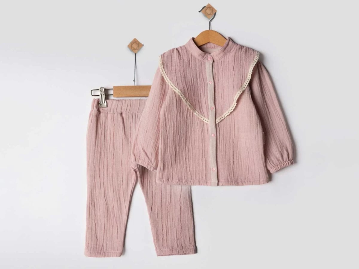 Girl's Baby Sleepwear Set with Lace Trim - Dusty Rose - Beyaz Bebek - by Peralane