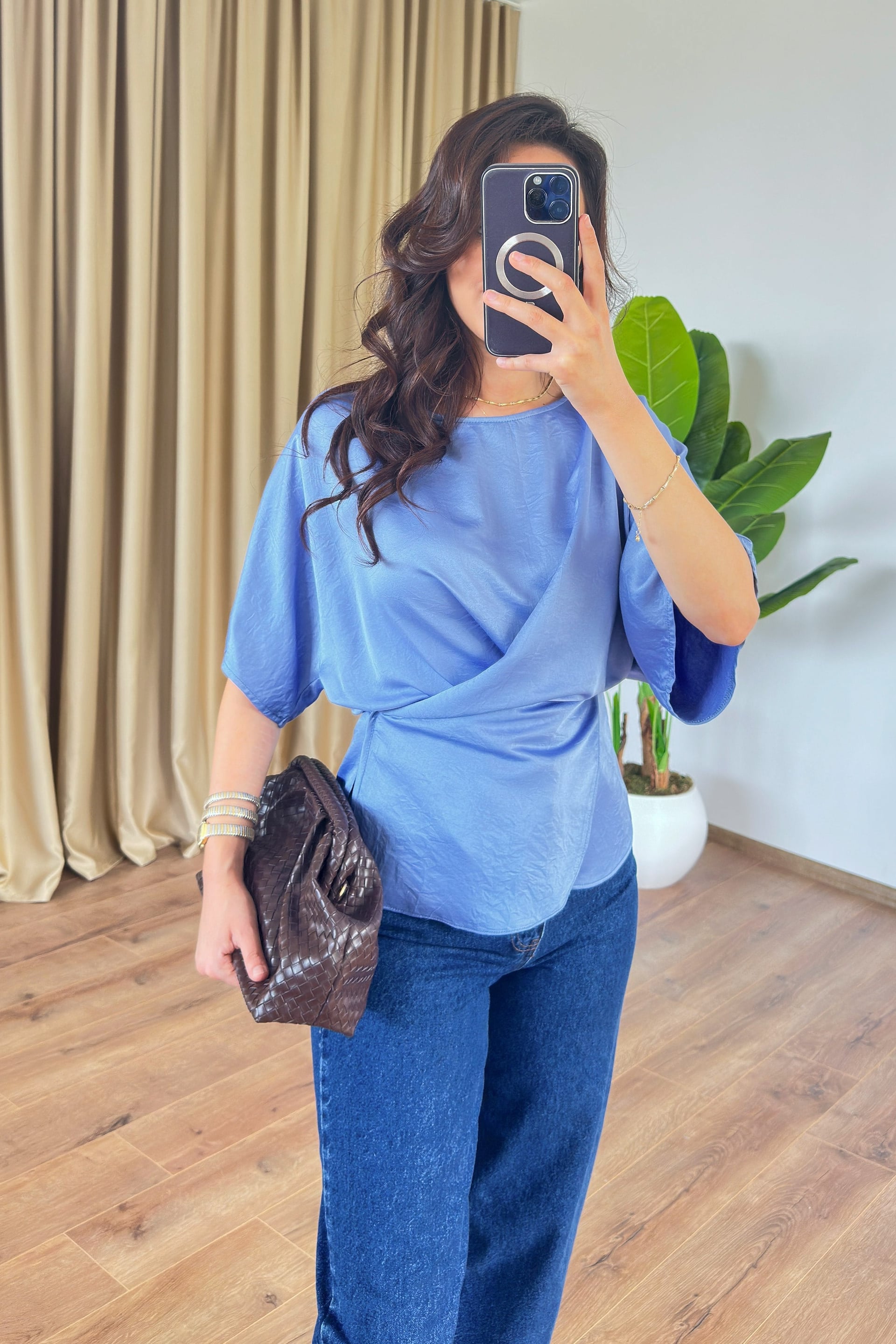 Light Blue Wrap Tie Blouse for Women - Lustri̇n - by Peralane - photo 2