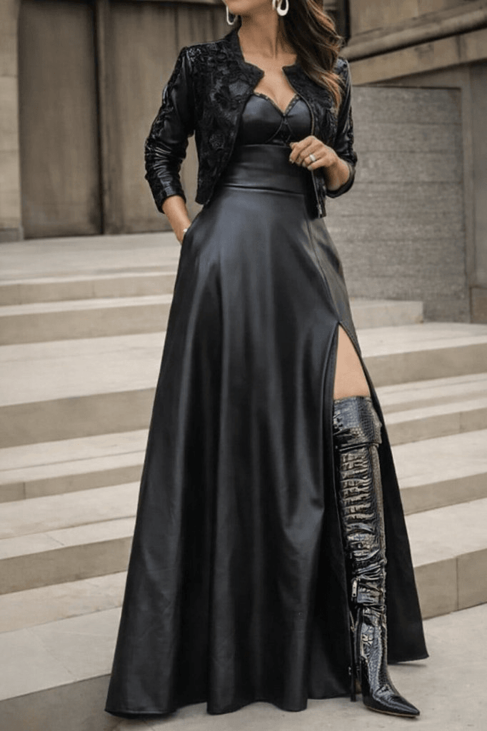 Women's High Waist Long Side Slit Faux Leather Skirt - Janes - by Peralane - photo 2