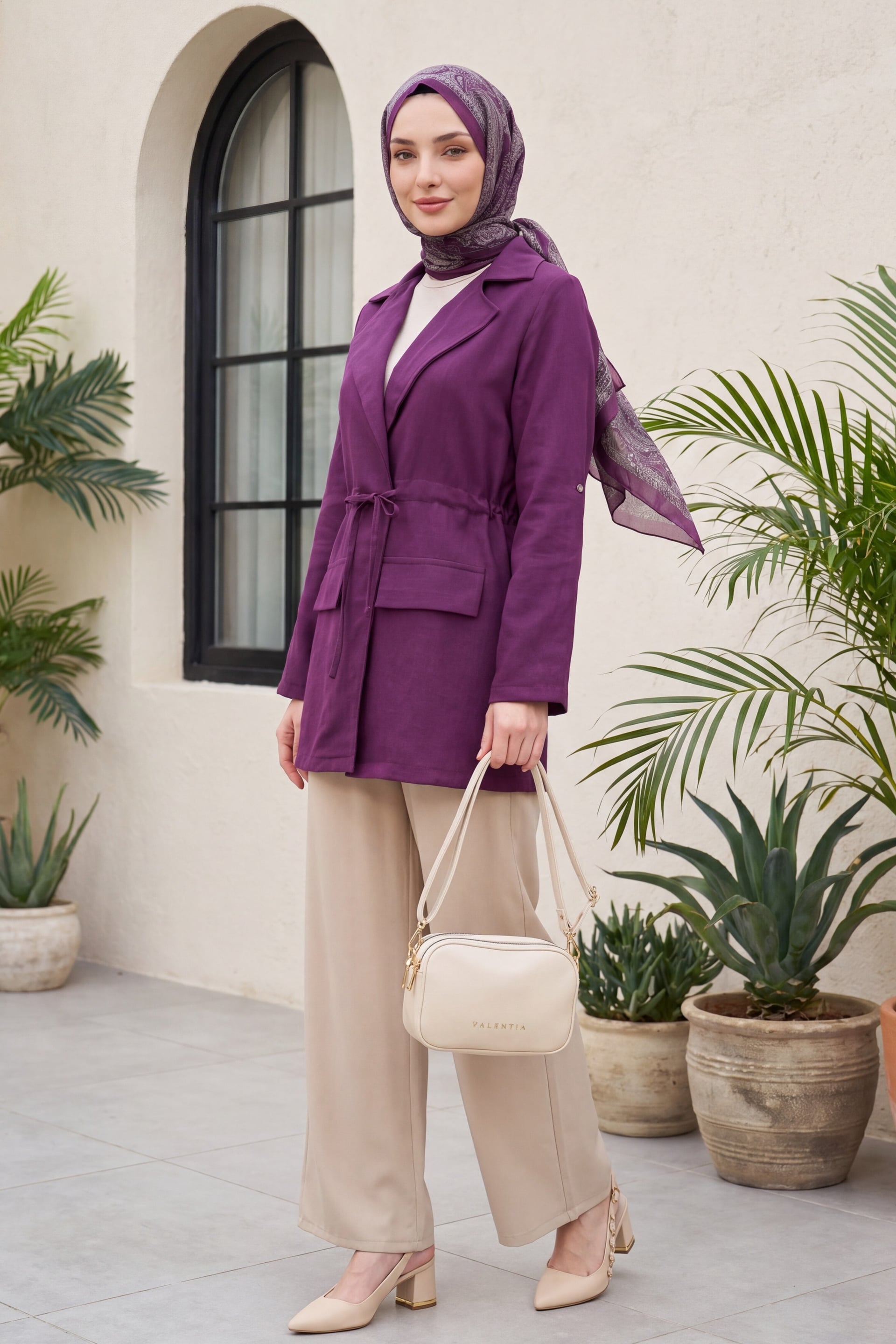 Tunnel Drawstring Pocket Detail Linen Look Kimono - Deep Plum - Podyumplus - by Peralane - photo 4