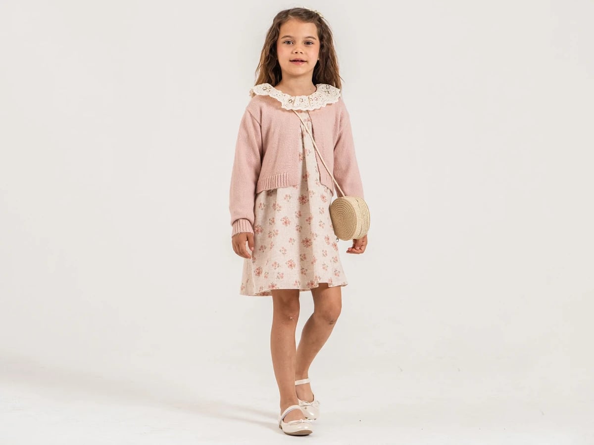 Girl's Dress Set with Cardigan and Bag - Floral Print, Dusty Pink - Pampal Kids - by Peralane