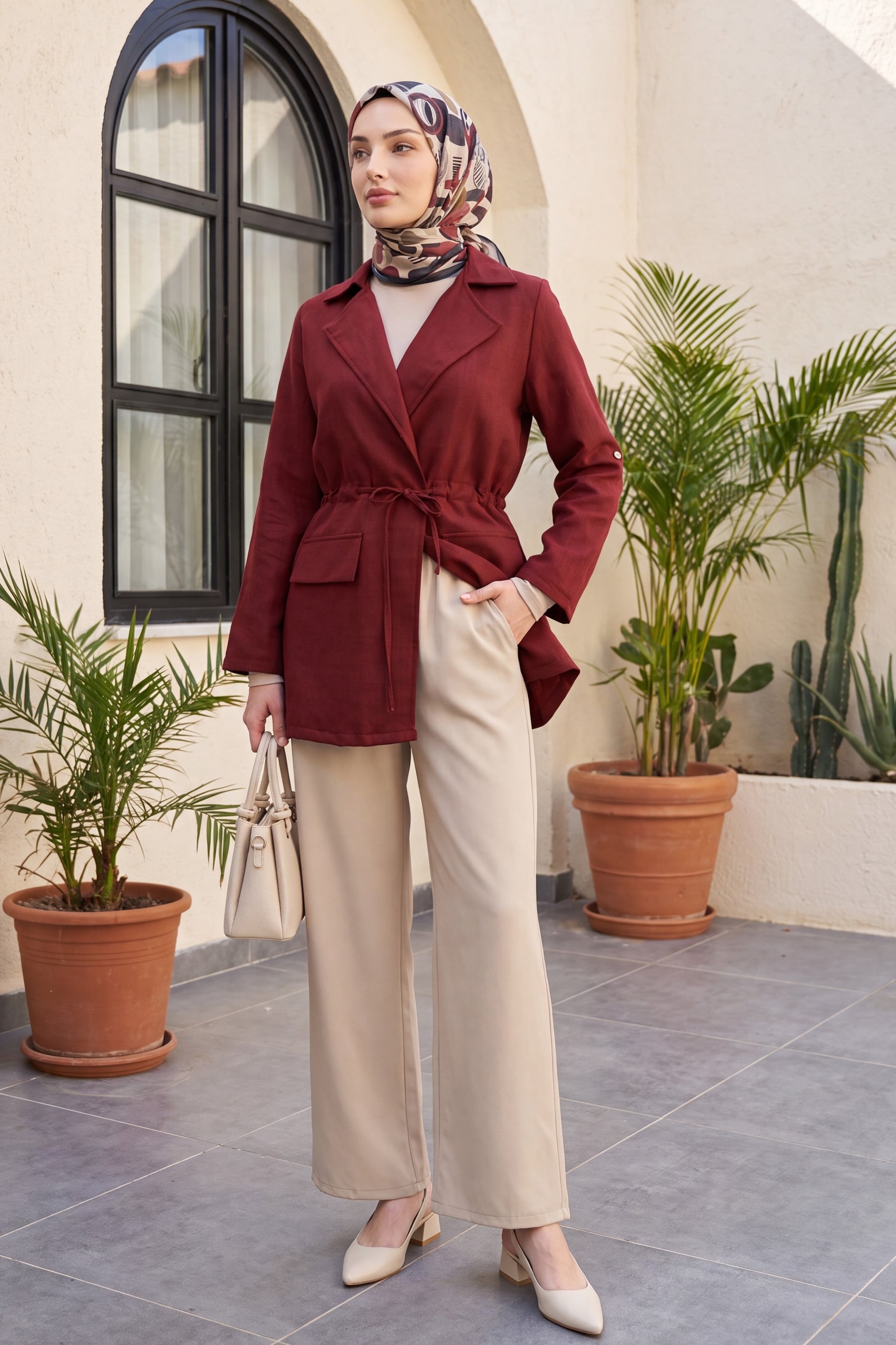 Tunnel Lace Detail Pocket Linen Look Kimono - Burgundy - Podyumplus - by Peralane - photo 4