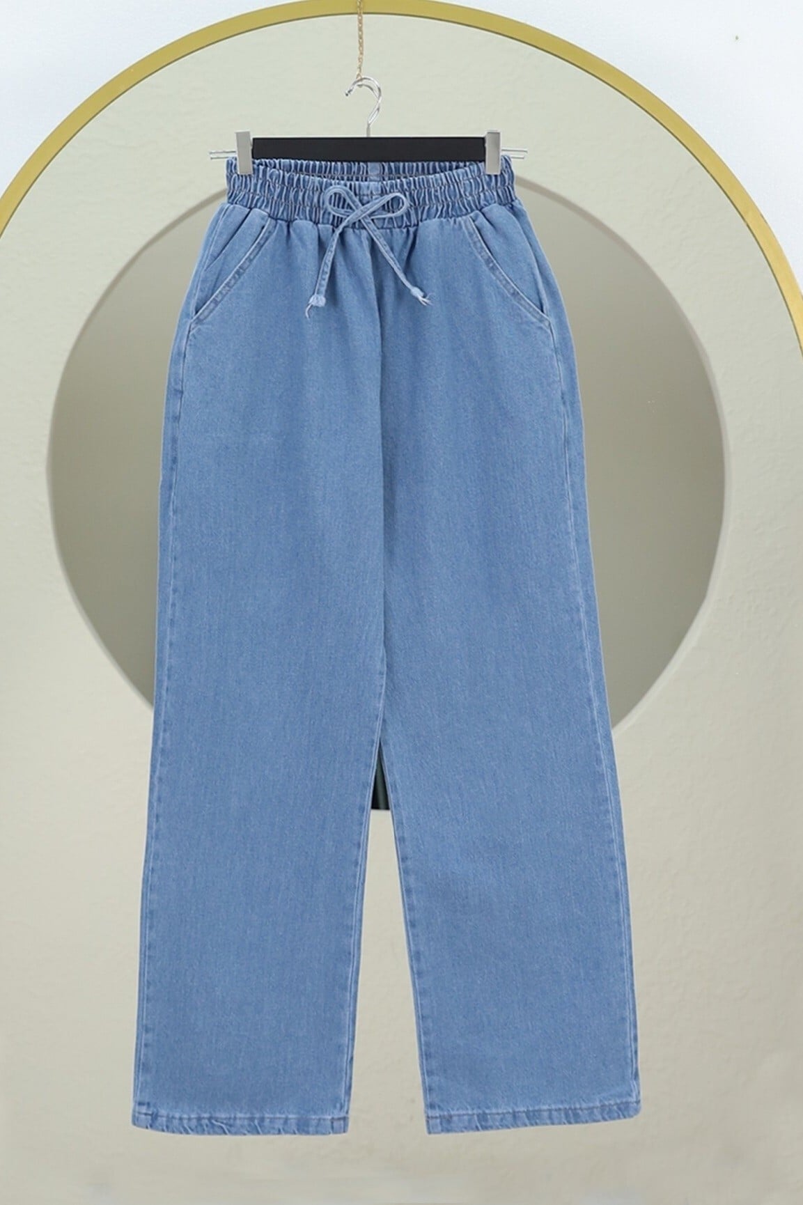 Light Blue Elastic Waist Wide Leg Denim Trousers - Podyumplus - by Peralane - photo 4