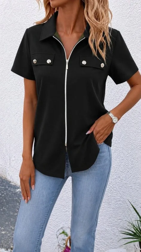 Women's Short Sleeve Jacket Collar Front Zip Pocket Detail Crepe Blouse - Janes - by Peralane