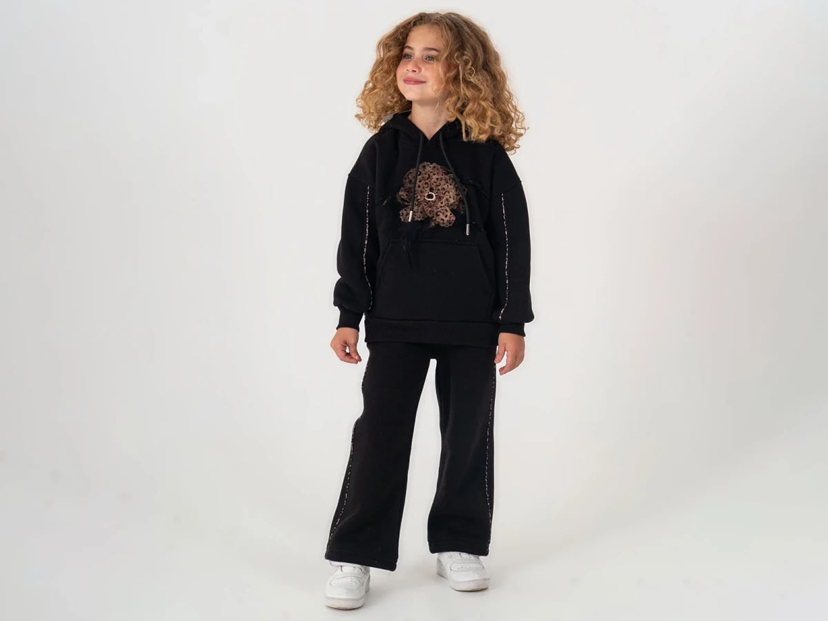 Girls' Leopard Print Hooded Sweatshirt and Trousers Set - Black - Lumii - by Peralane