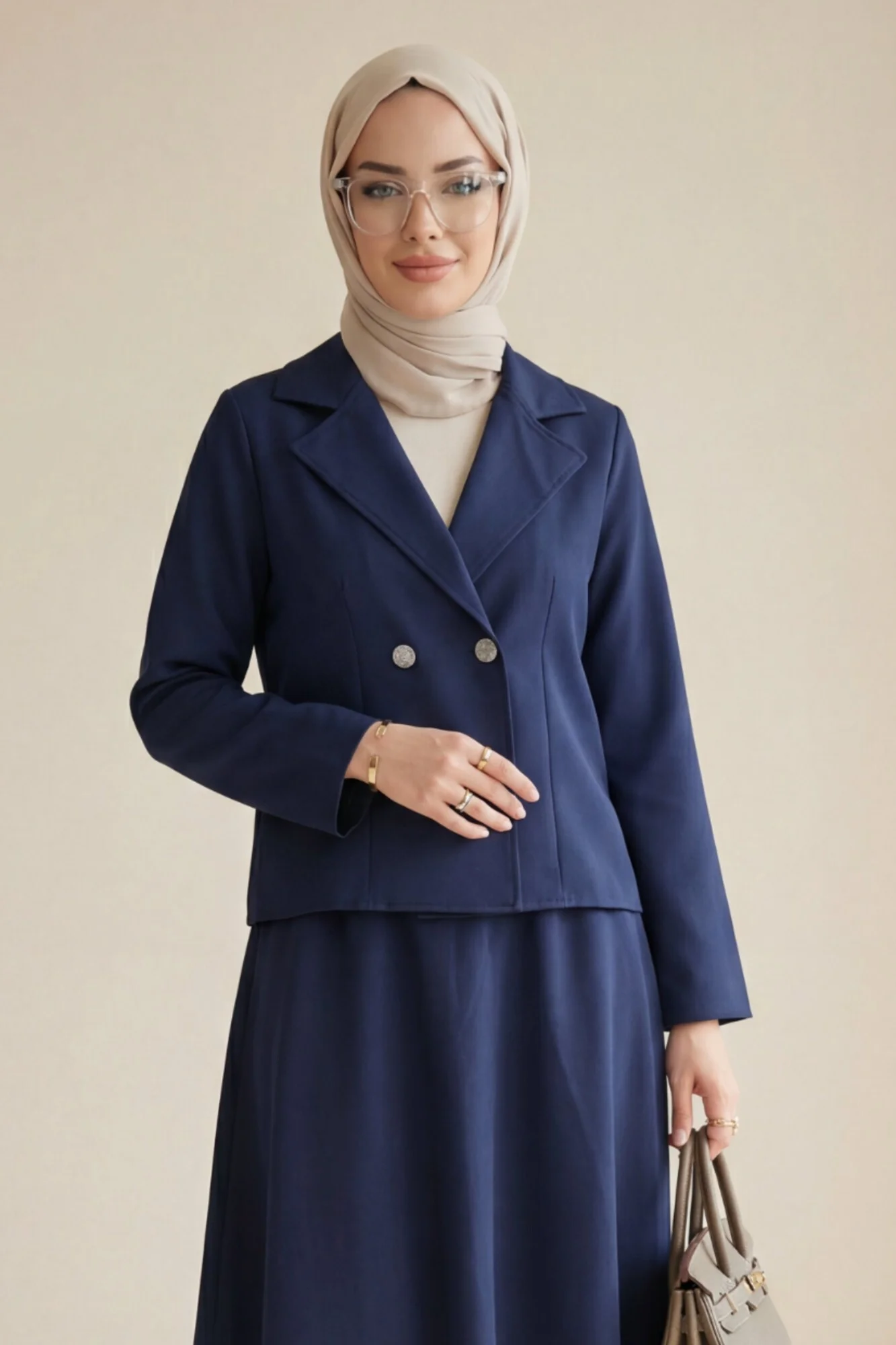 Double-Breasted Notch Lapel Blazer and A-Line Skirt Set in Navy - Podyumplus - by Peralane - photo 2