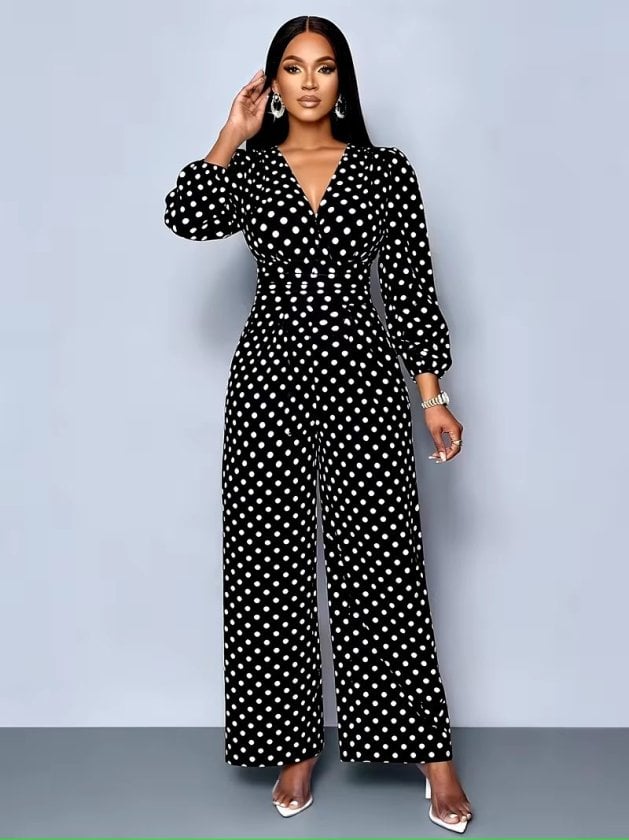 Women's Long-Sleeve Wrap-V-Neck Cinched-Waist Polka Dot Jumpsuit, Black and White - Janes - by Peralane