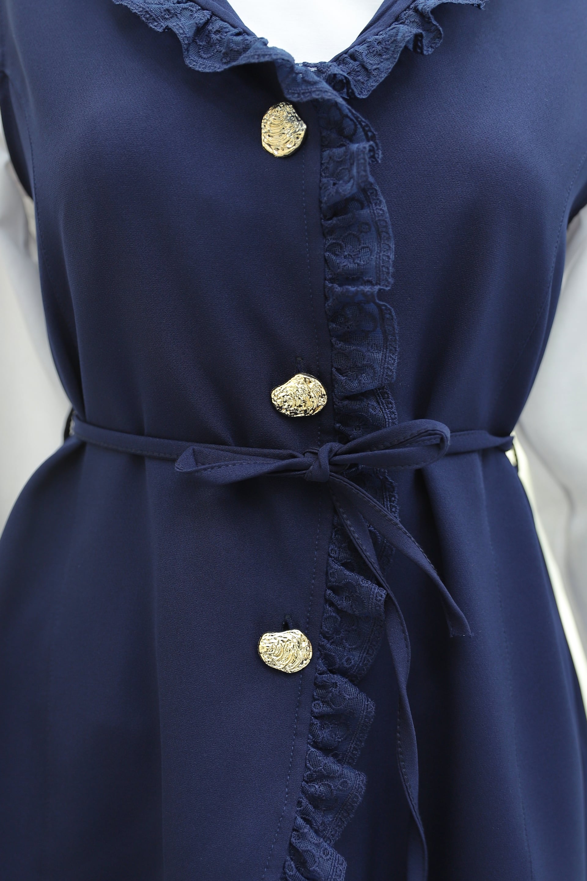 Lace-Trimmed Belted Vest and Trousers Two-Piece Crepe Set – Navy Blue - Podyumplus - by Peralane - photo 7