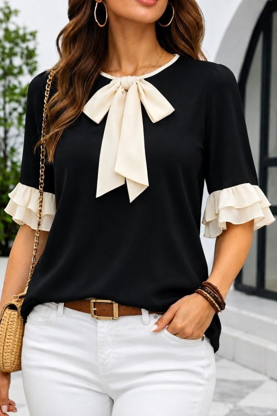 Women's Short Sleeve Bow Neck Trim Crepe Blouse - Janes - by Peralane