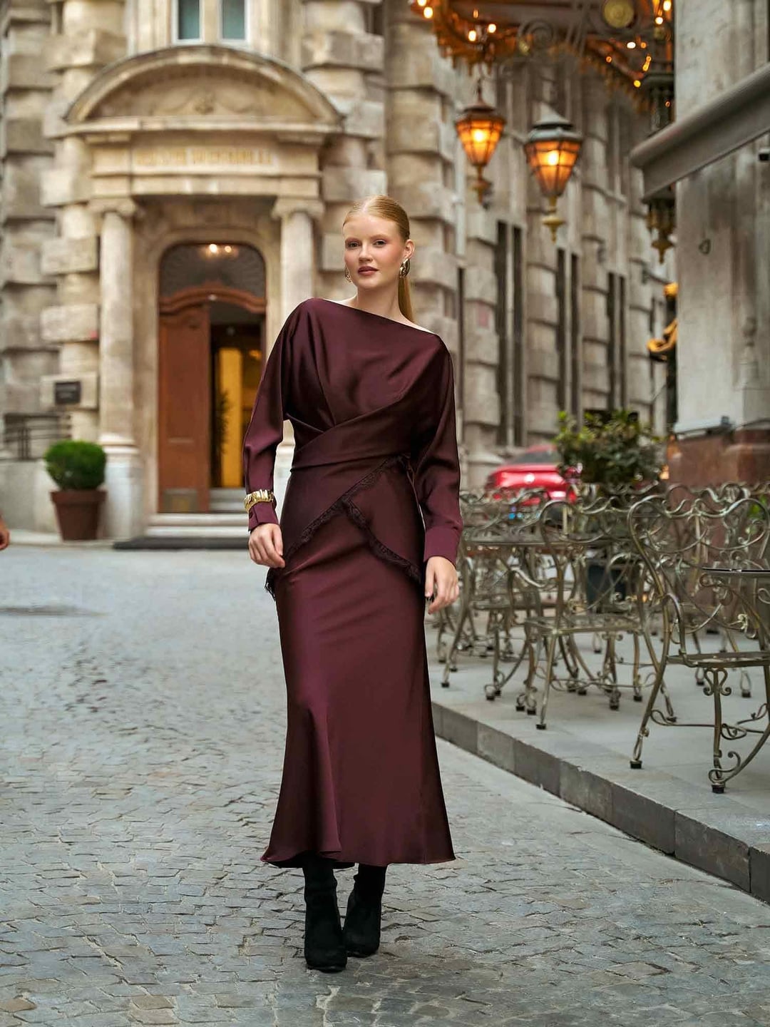 Ruffled Satin Evening Dress with Asymmetric Neckline - Lefon - by Peralane