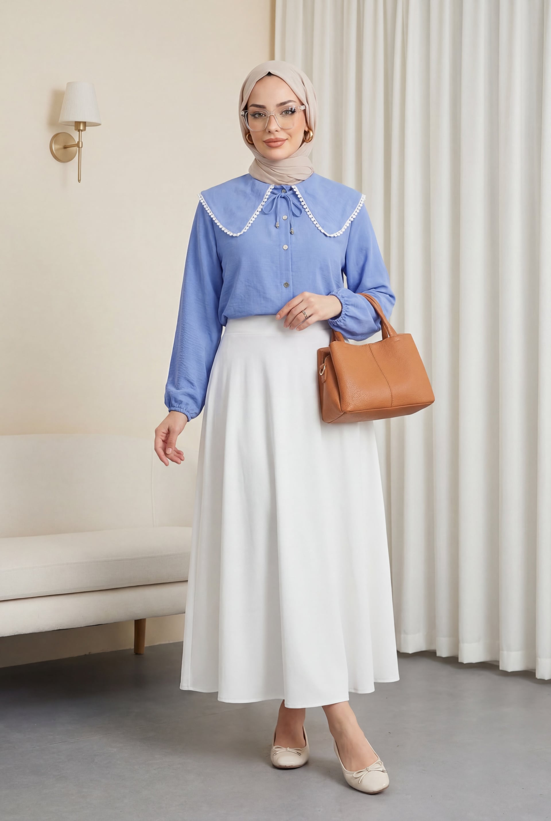 Baby Collar Lace Trim Long Sleeve Shirt - Blue - Podyumplus - by Peralane - photo 3