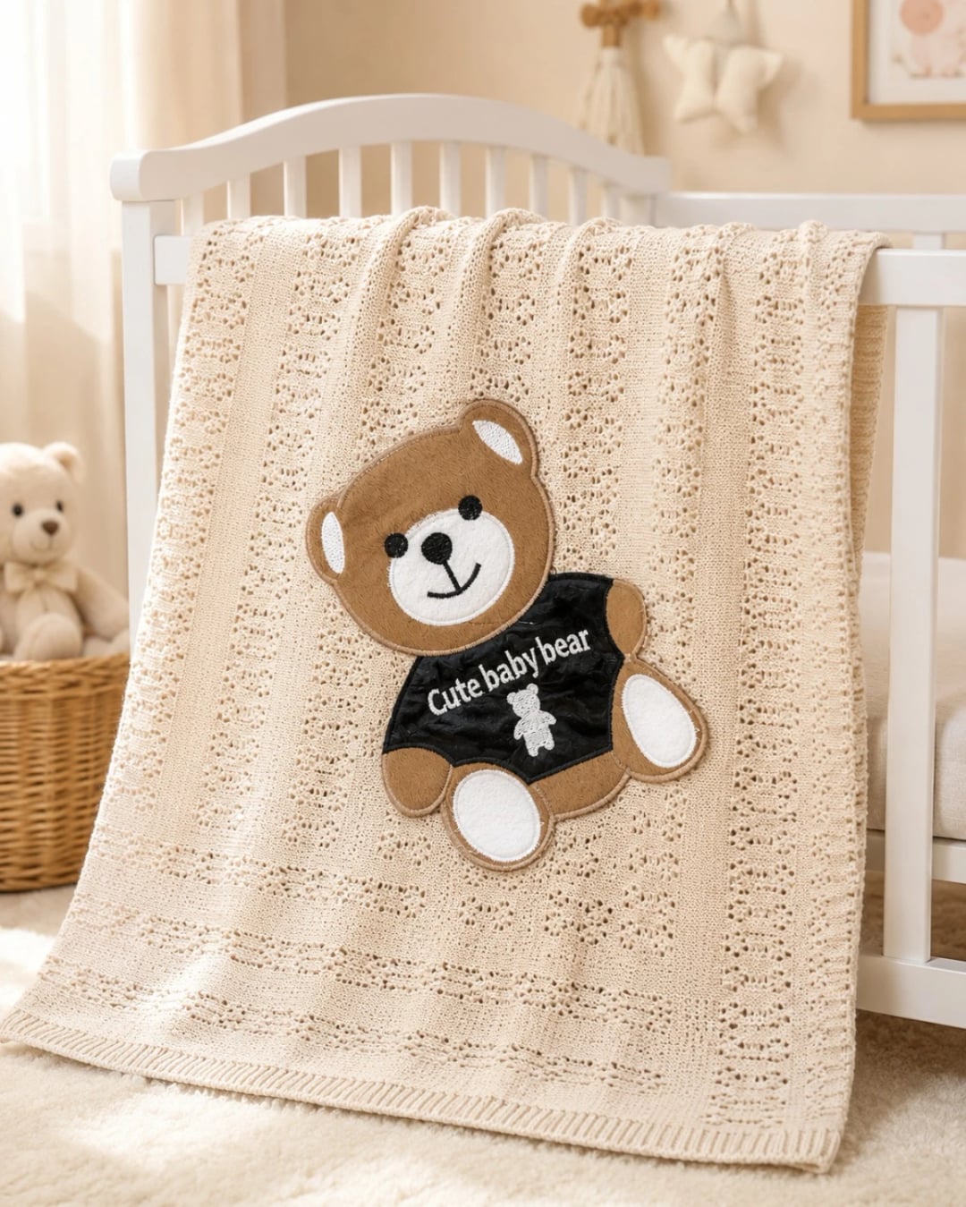 Knit Baby Blanket with Teddy Bear Applique - Beige - Has Bereket - by Peralane