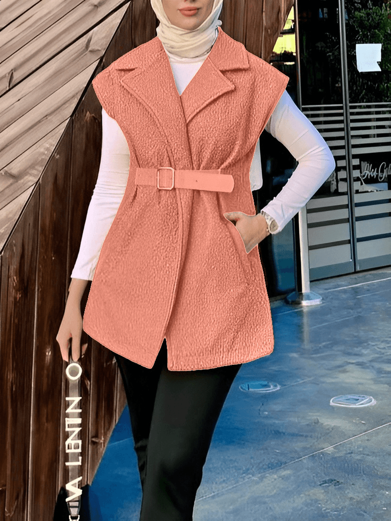 Belted Pocket Boucle Vest - Salmon - Podyumplus - by Peralane