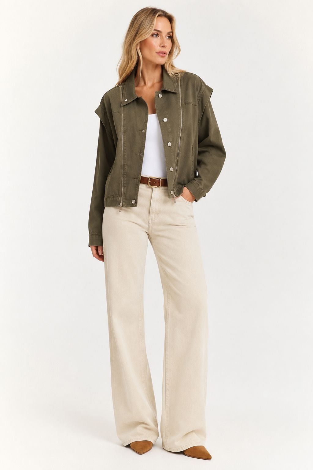 Women's Cropped Denim Jacket with Asymmetrical Zip - Olive Green - Xlove - by Peralane - photo 2
