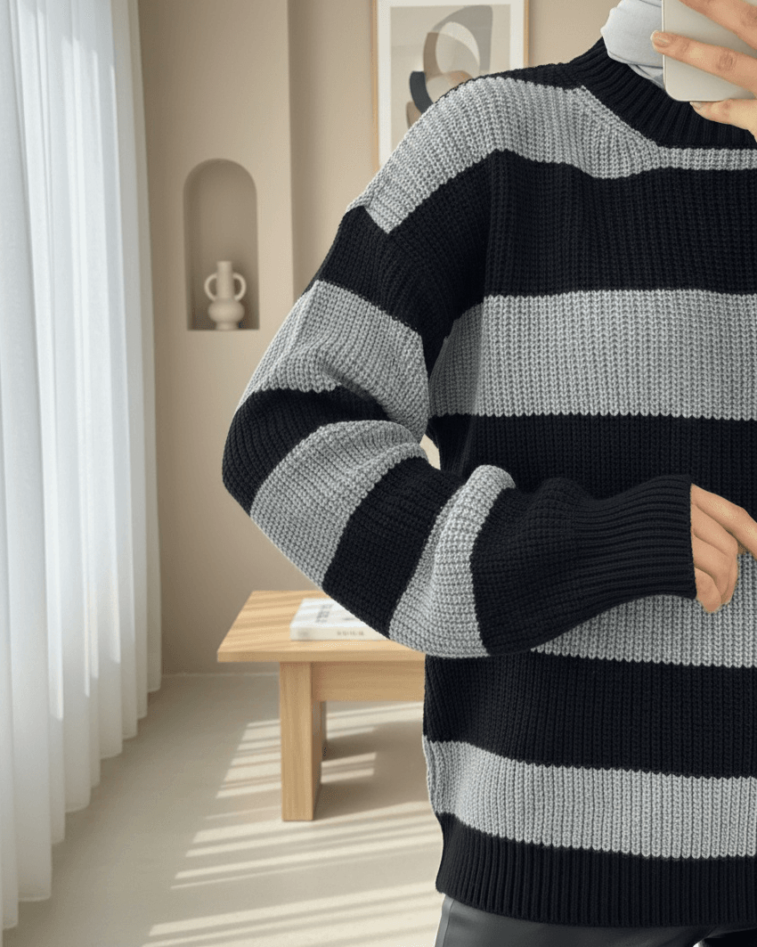 Black and Grey Striped Crew Neck Knit Sweater with Dropped Shoulders - Podyumplus - by Peralane - photo 2
