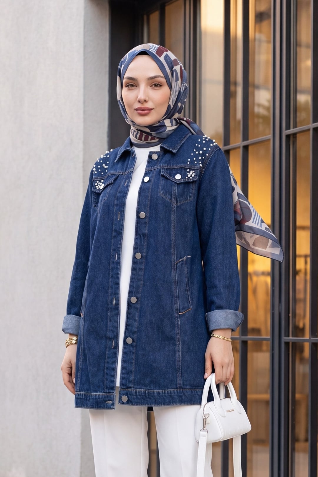 Stone Embellished Washed Denim Jacket - Dark Blue - Podyumplus - by Peralane - photo 2
