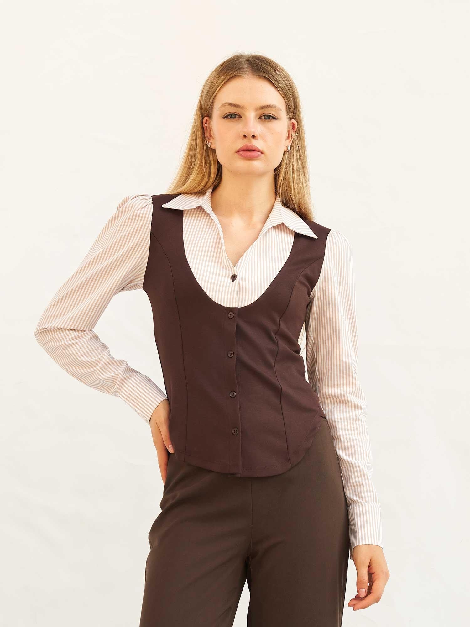Beige and Brown Striped Vest-Look Shirt Blouse - Lefon - by Peralane