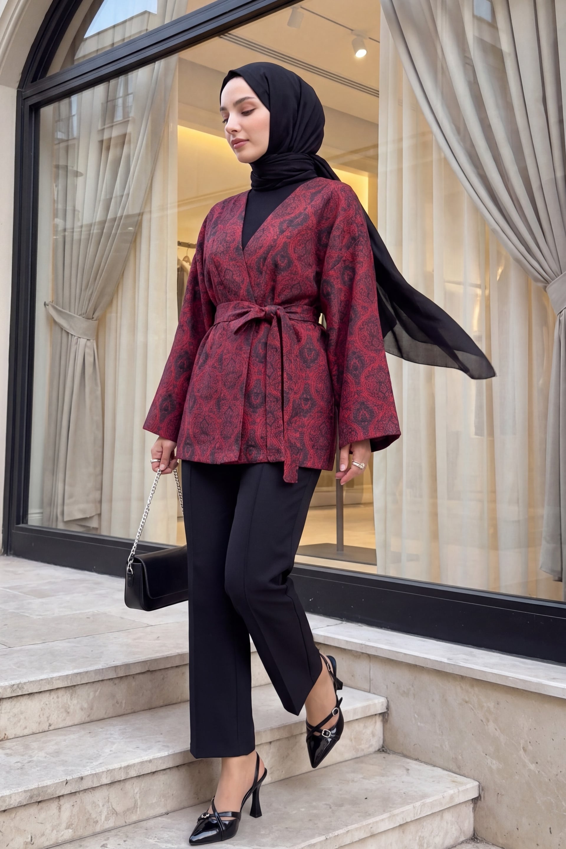 Digital Print Belted Quilted Kimono - Red - Podyumplus - by Peralane - photo 4