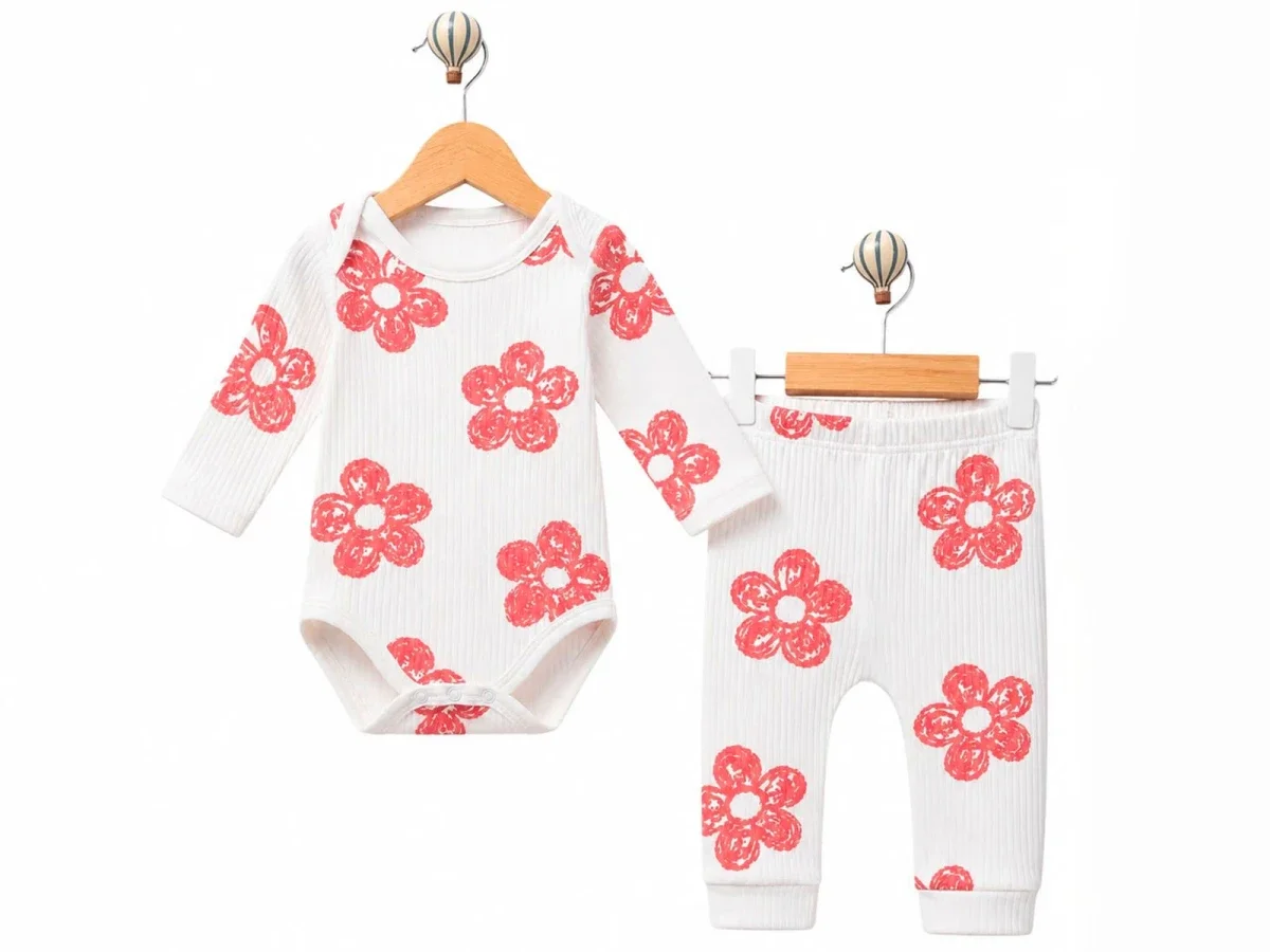 Floral Print Baby Girls' Bodysuit and Trousers Set - Pink - Supermini - by Peralane