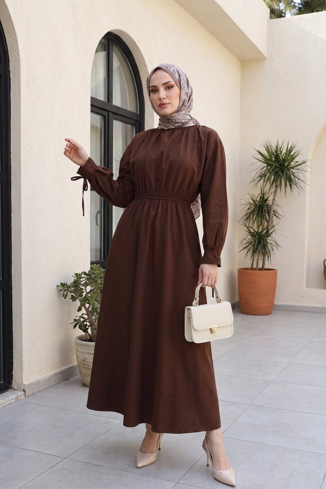 Brown Poplin Dress with Tie Detail and Elasticated Waist - Podyumplus - by Peralane - photo 3