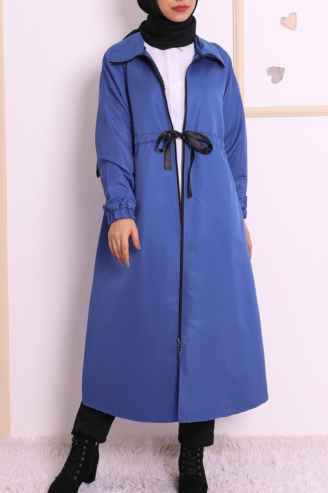Long Blue Drawstring Trench Coat with Front Zip - Podyumplus - by Peralane