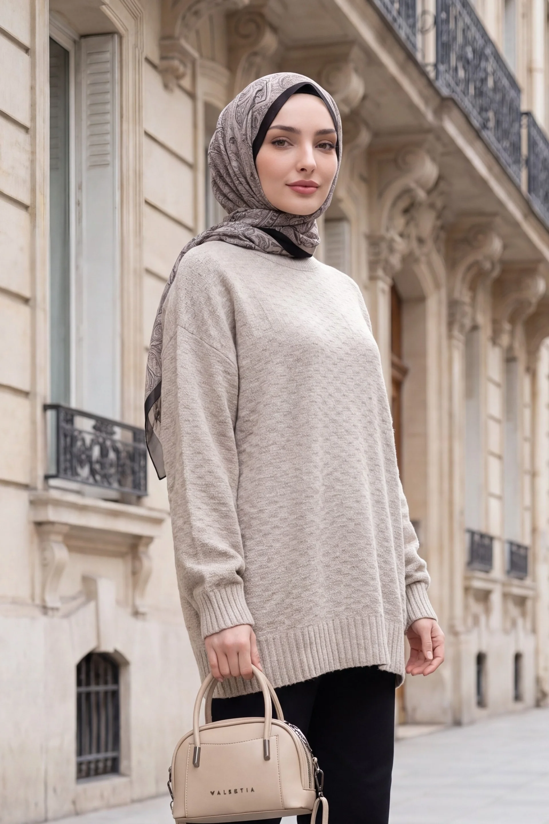 Round Neck Ribbed Hem Relaxed Knit Tunic - Light Beige - Podyumplus - by Peralane