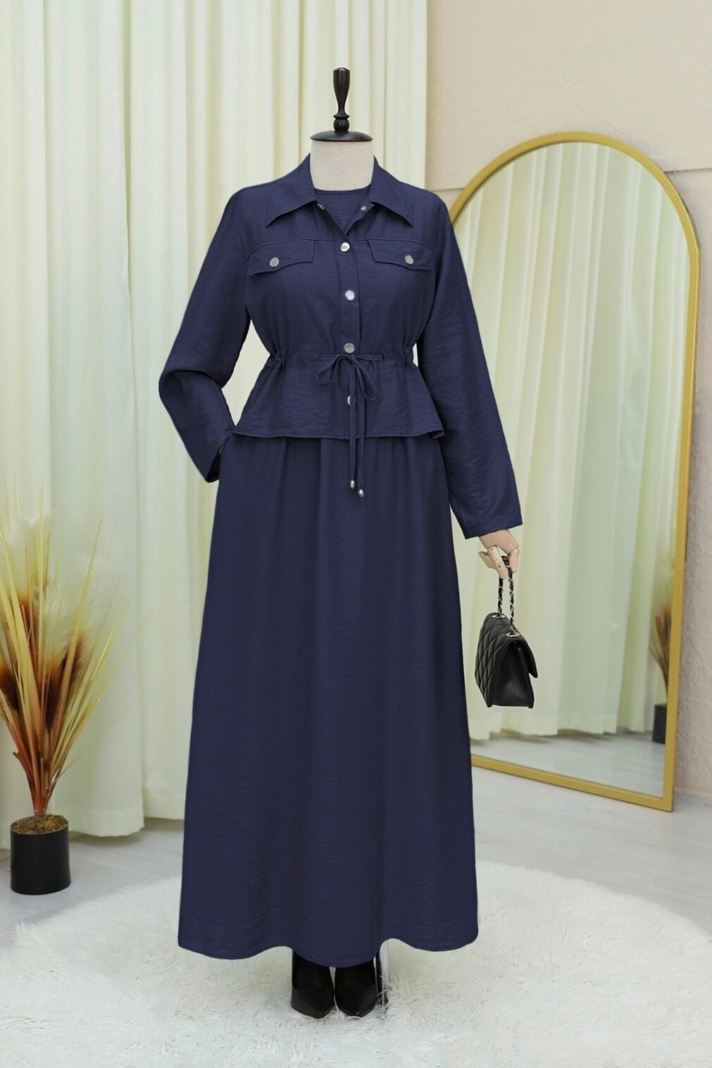 Navy Blue Modest Two-Piece Set with Long-Sleeve Shirt and Maxi Skirt - Podyumplus - by Peralane - photo 3