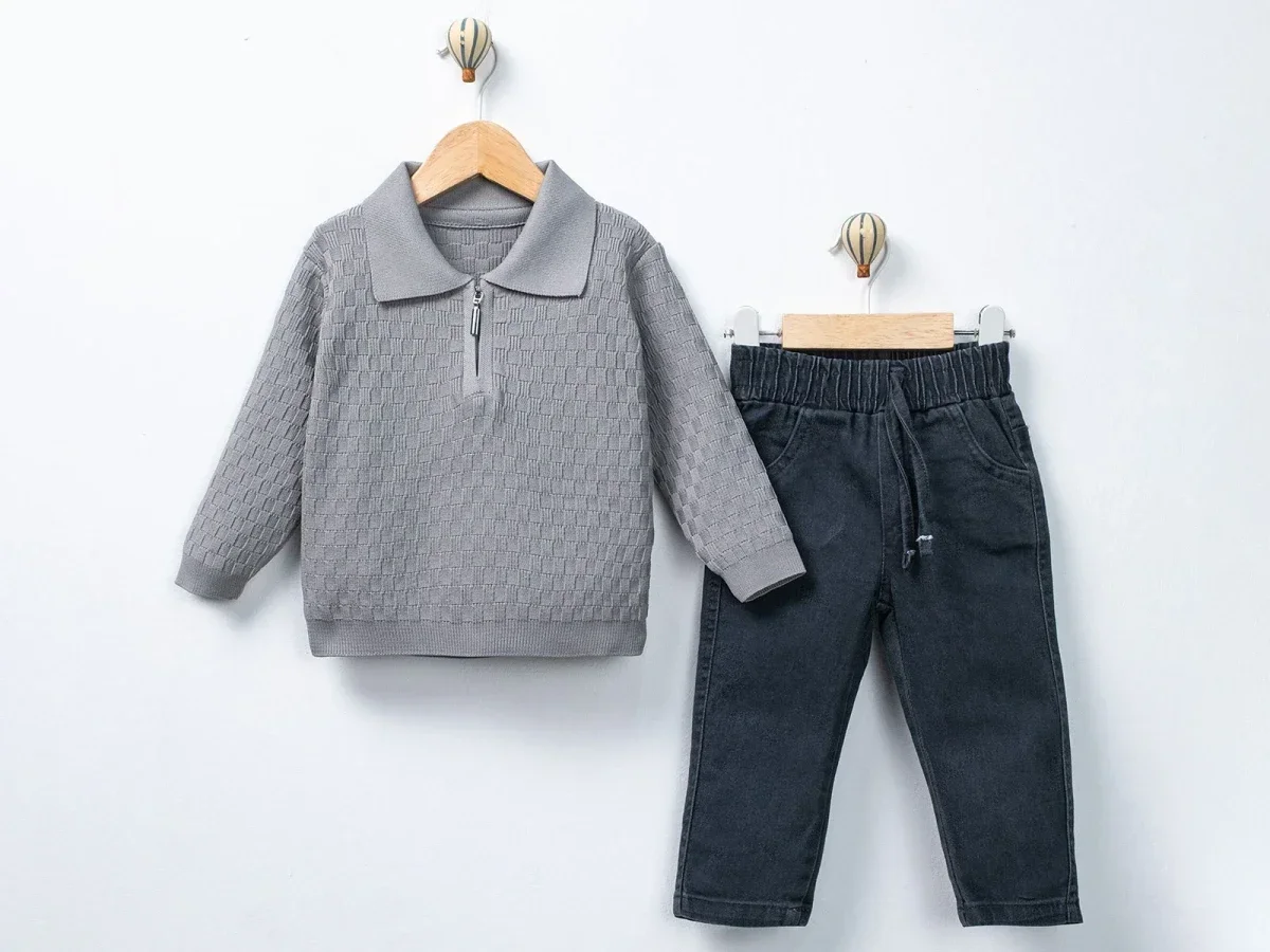 Boys' Patterned Knit Set with Polo Shirt and Denim Trousers - Canoz - by Peralane