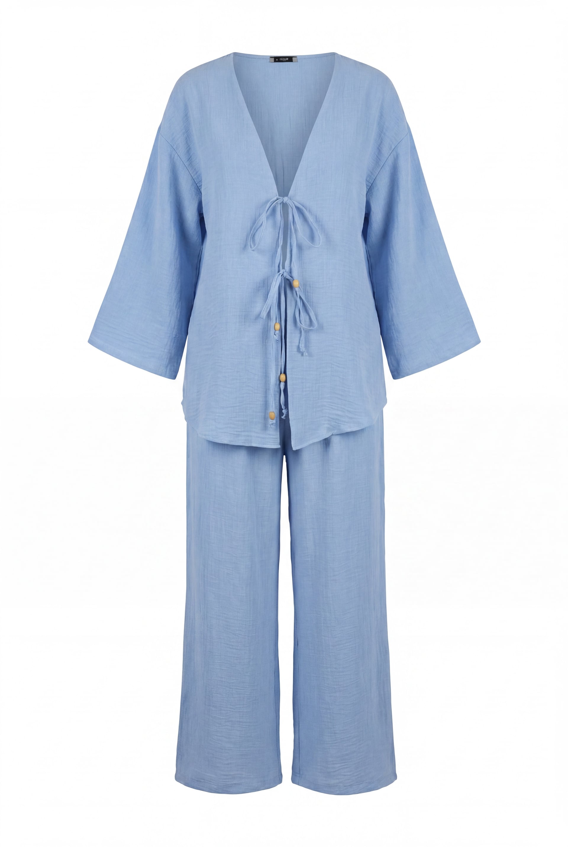 Women's Two-Piece Kimono Set with Tie-Front Top and Wide-Leg Trousers in Ice Blue - Podyumplus - by Peralane - photo 4